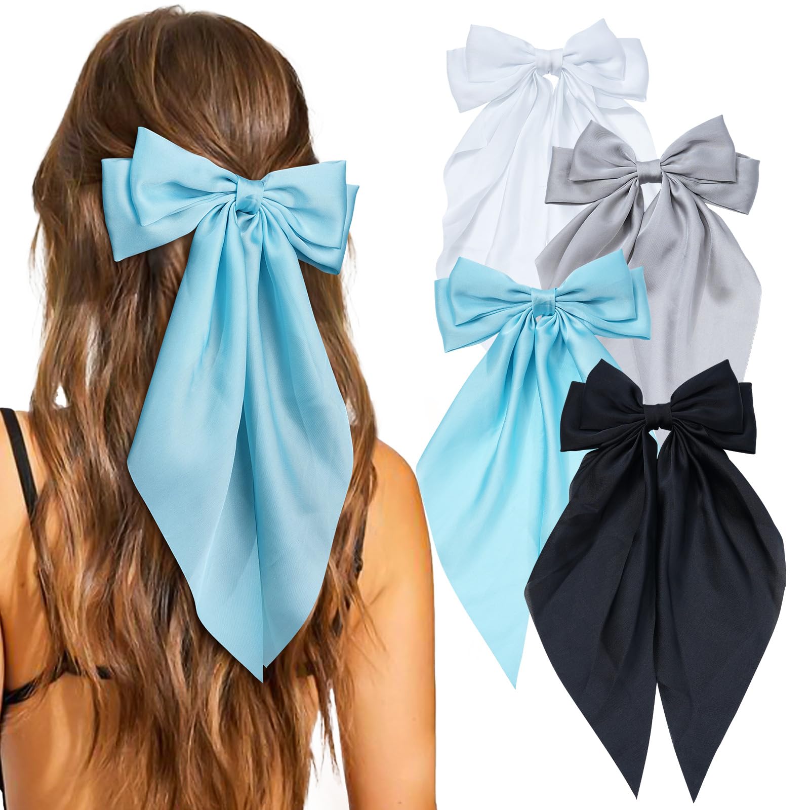 4 Pcs Hair Bows for Women Big Ribbon Bows for Hair Long Tail Bow Hair Clips Cute Hair Barrettes Hair Accessories for Girls (Blue