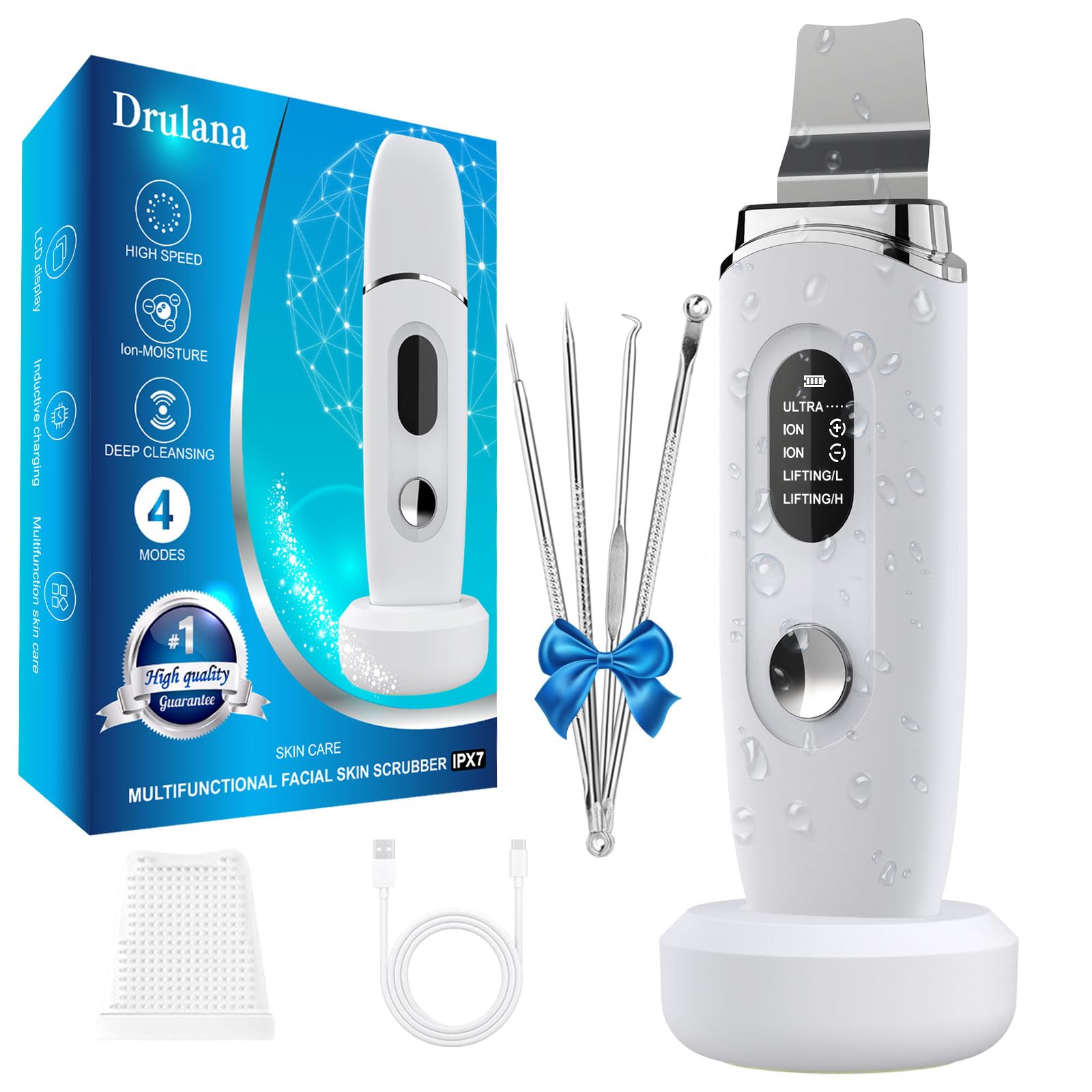 Skin Scrubber Face Skin Spatula Facial Scrubber Spatula Blackhead Remover Tools With 4 Modes, Lcd Display, Waterproof