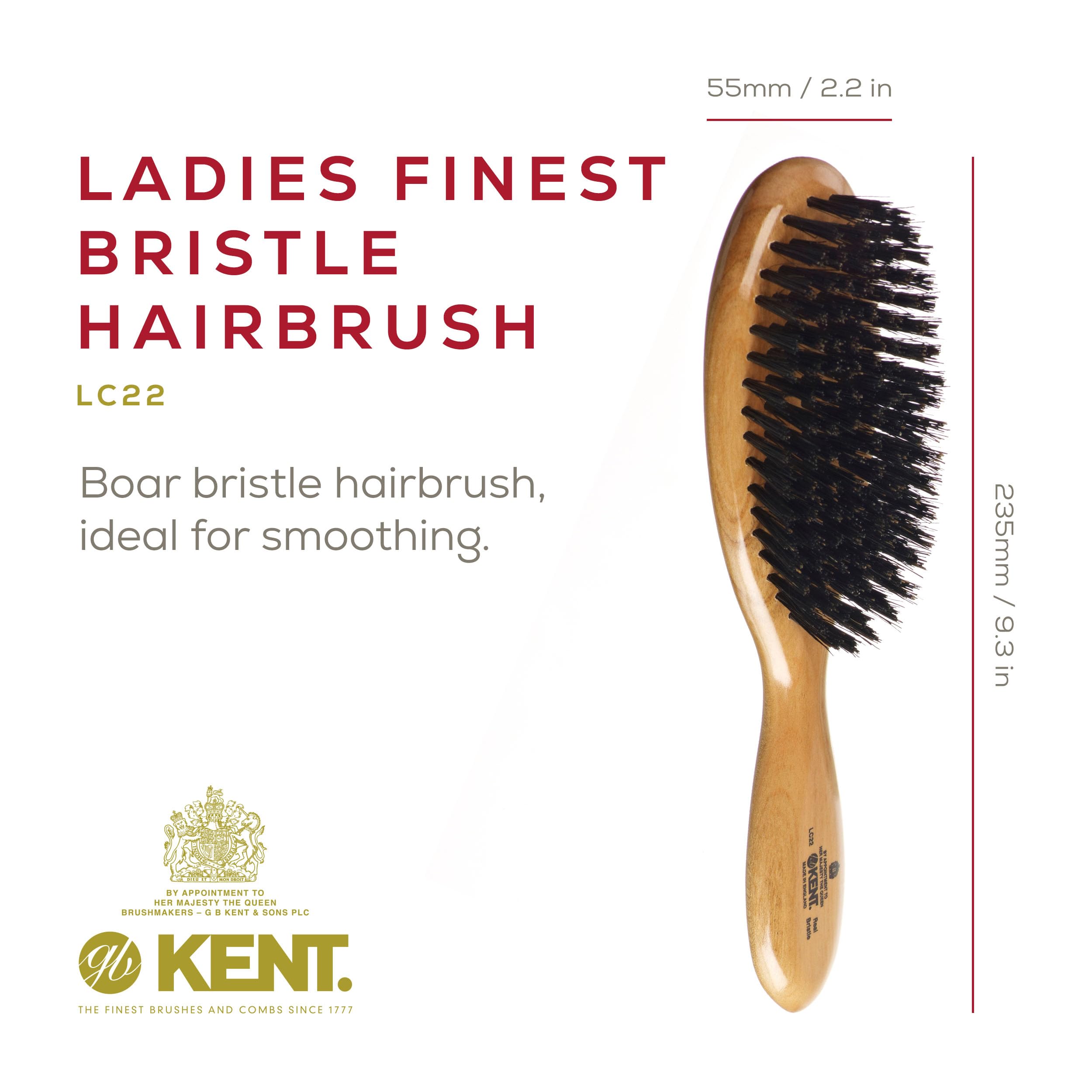 Kent LC22 Finest Hair Brushes for Women Detangler Dry Brush Made of Cherrywood - Boar Bristle Oval Hairbrush for Medium to Thick