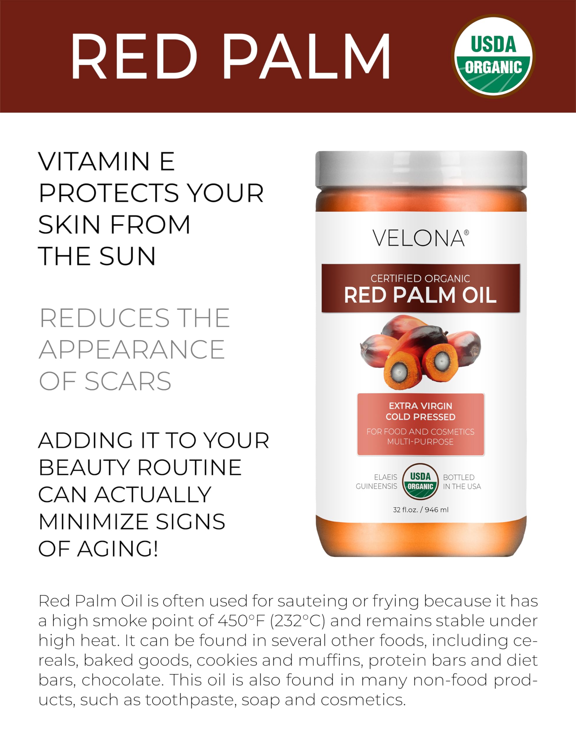 velona USDA Certified Organic Red Palm Oil 32 Fl Oz | Food and Cosmetic Grade | in jar | Extra Virgin, Cold Pressed | Skin, Face