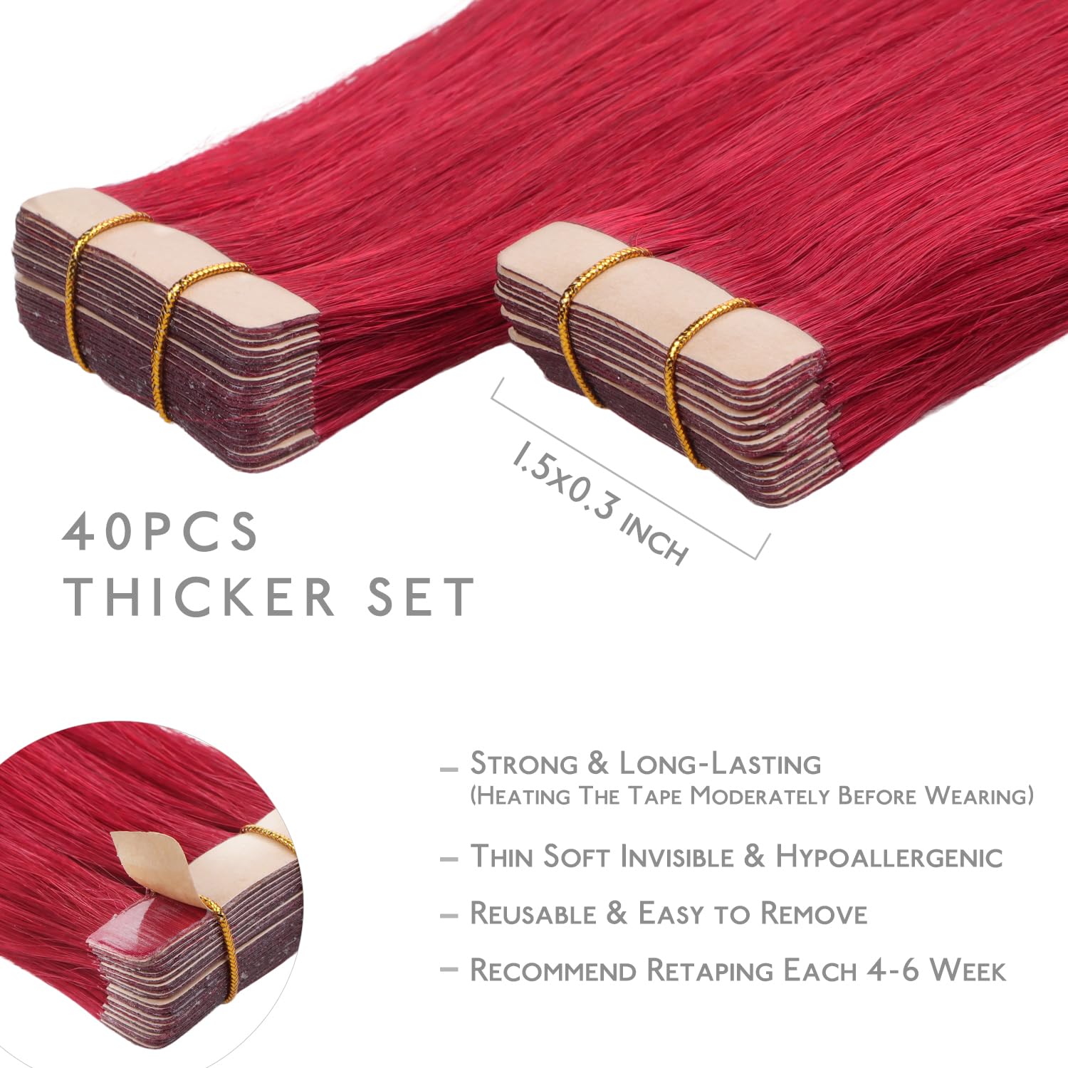 Wennalife Tape In Hair Extensions Human Hair, 40Pcs 80G 12 Inch Red Hair Extensions Real Human Hair Straight Tape In Extensions