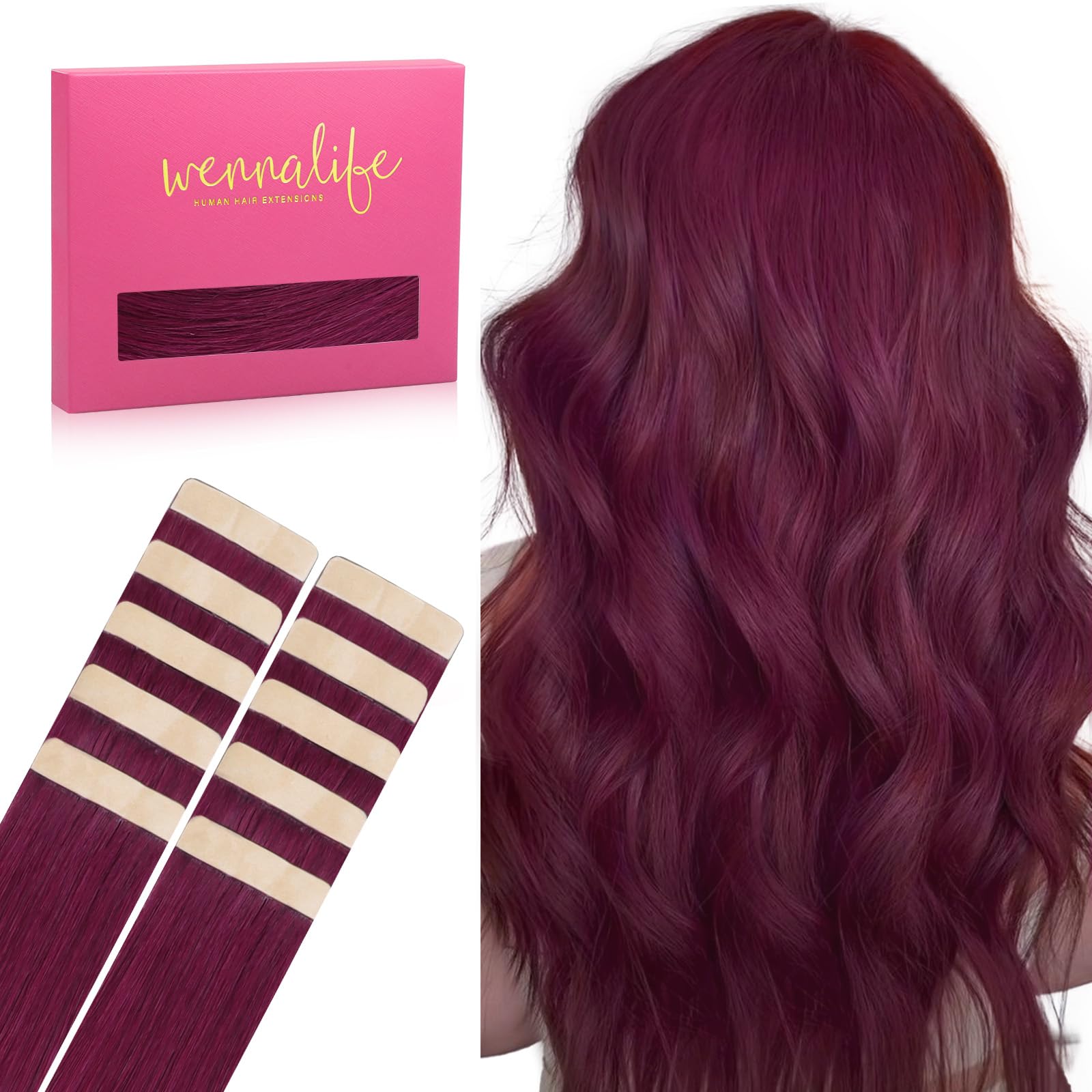 Wennalife Tape In Hair Extensions Human Hair Light Burgundy Tape In Extensions, 10Pcs 25G 18 Inch Remy Invisible Tape Ins Straig