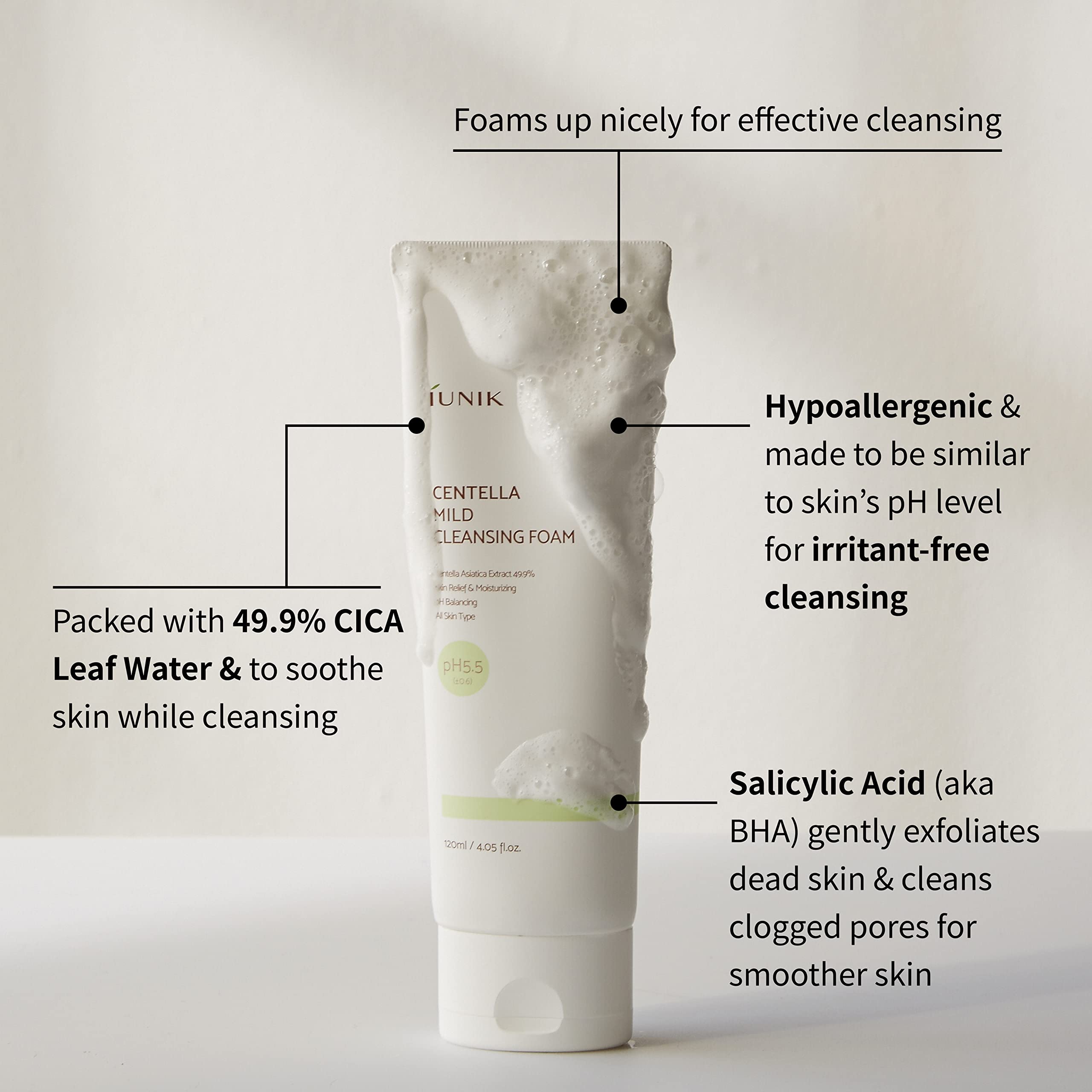 Iunik Centella Mild Foaming Facial Cleanser Sub-Acid 4 Fl. Oz. 49% Centella Asiatica Extract/Skin Relief Moisturizing Ph Balanci