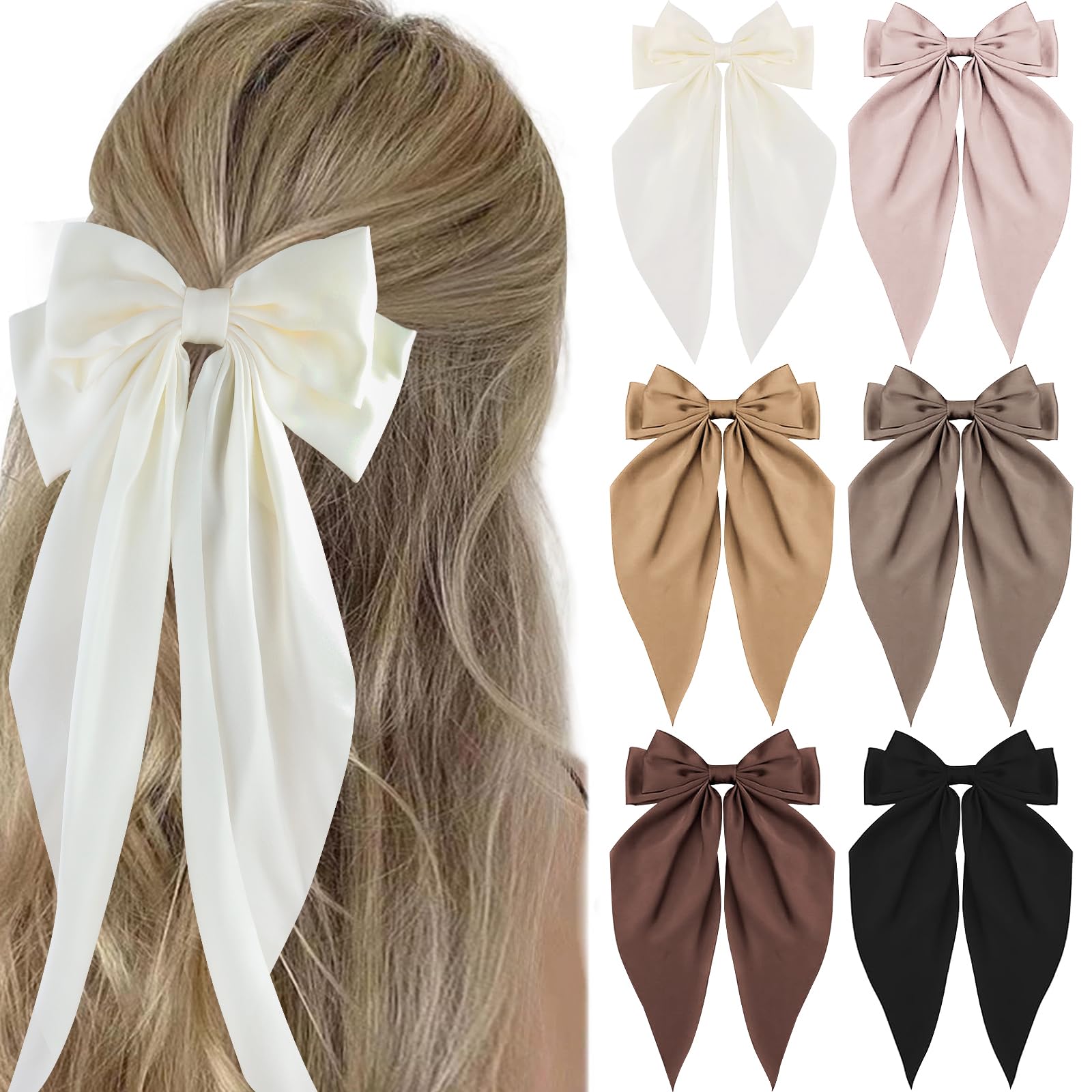 Canitor 6 PCS Hair Bows for Women Silky Satin Hair Ribbon with Hair Barrettes Clip Large Coquette Bows Preppy Teen Girl Gifts Tr