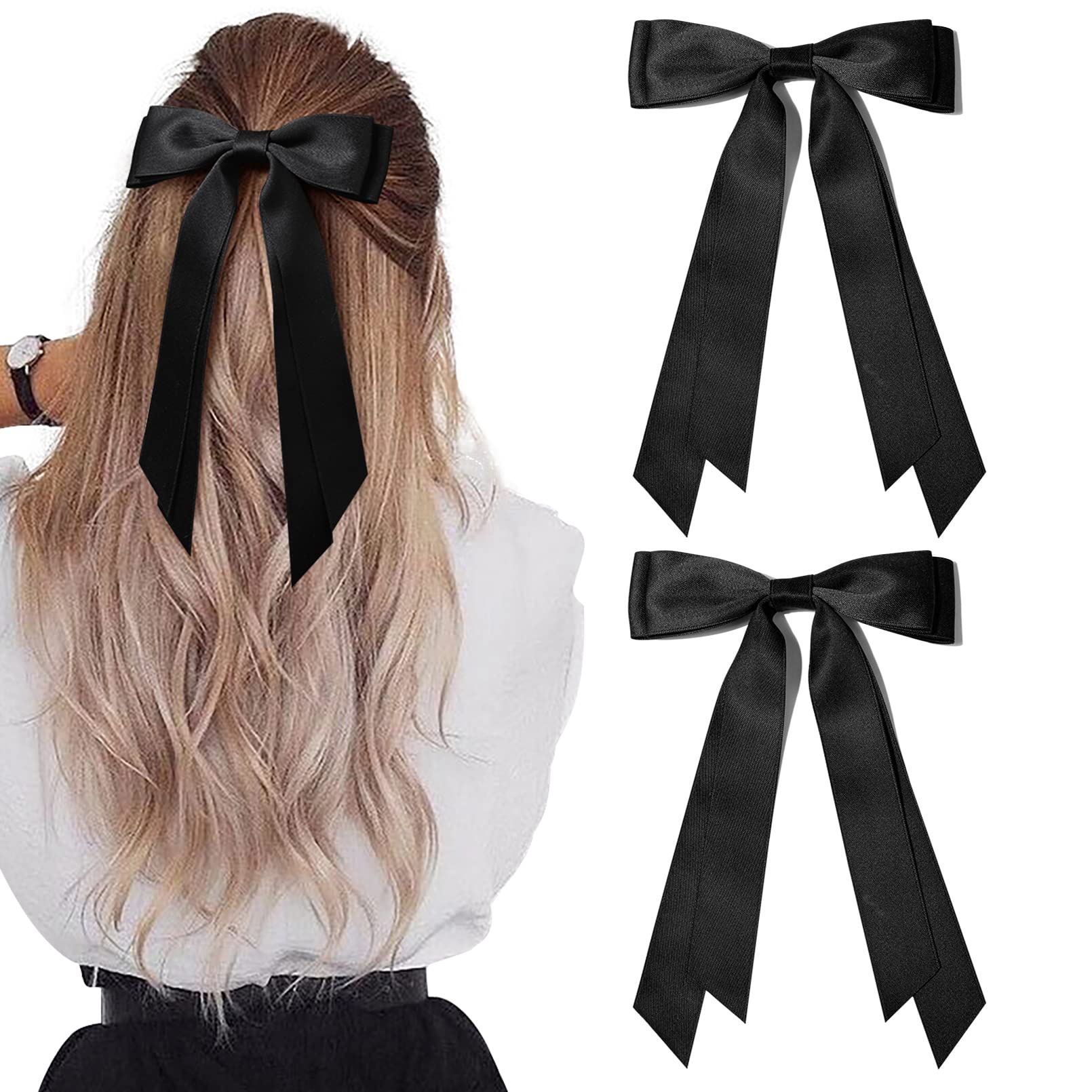 2PCS Silky Satin Hair Bows Hair Clip Black Hair Ribbon Ponytail Holder Accessories Slides Metal Clips Hair Bow for Women Girls T