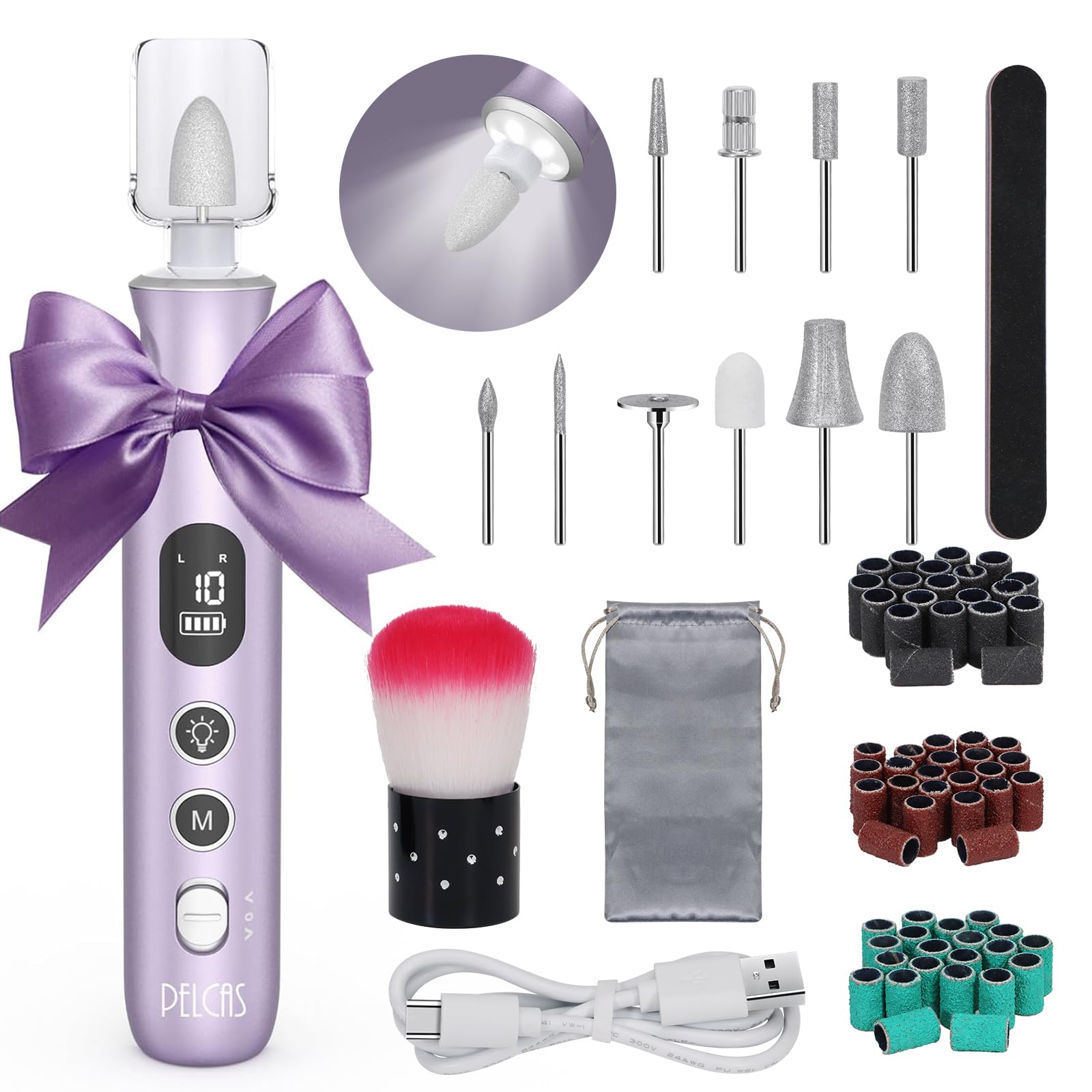 PELCAS Electric Nail Drills, 10 Speeds Cordless Nail File with LED Light, Portable Manicure & Pedicure Kit, Nail Grinder with LC