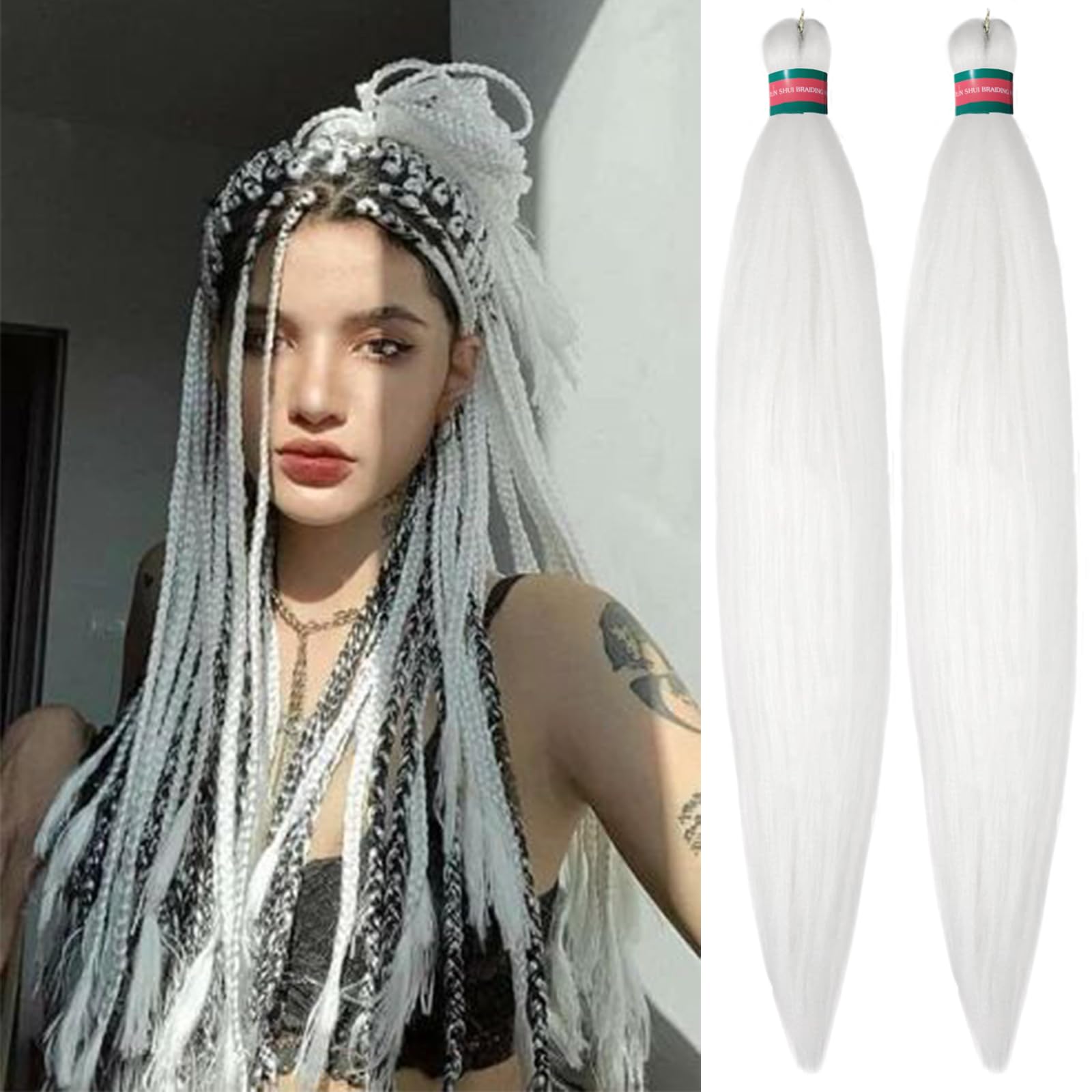 RUN SHUI White Pre stretched Braiding Hair 2 Packs Pre feathered Braid Hair Extensions 30 Inches Kanekalon Hair Braids