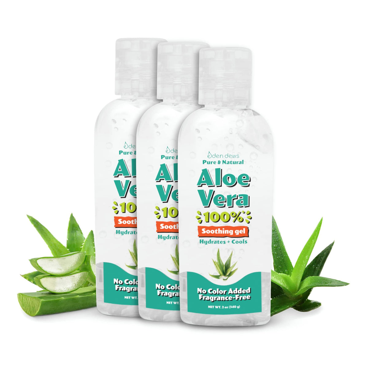Eden Dews Aloe Vera Gel - 100% Pure & Natural, Hydrating, Moisturizing, Radiant Skin, Softening, Soothing, 2 oz (Pack of 3)