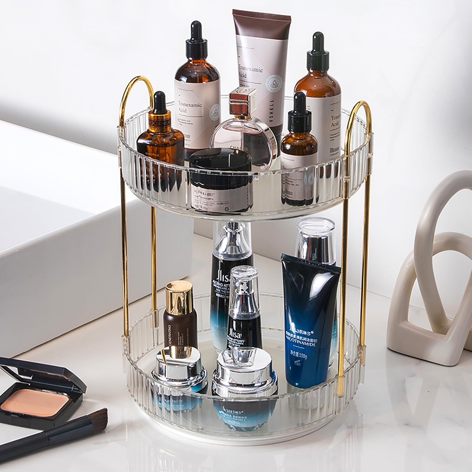 Zufudo Rotating Makeup Organizer 2 Tier Lazy Susan Trays Skincare Perfume Organizer For Bathroom Counter Vanity, Transparent