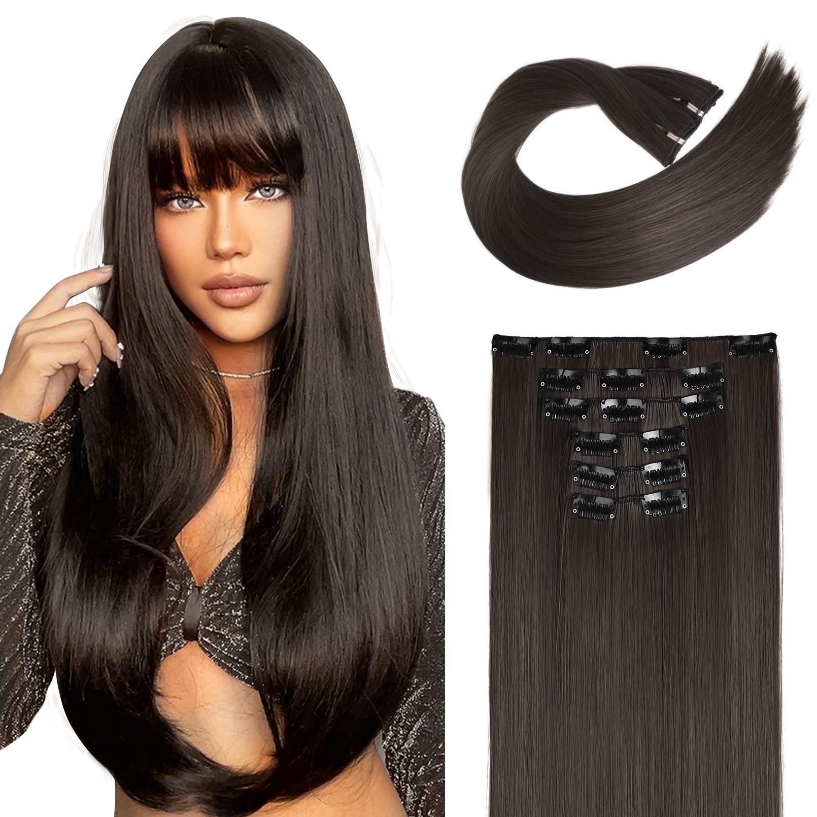 LONAI Clip in Hair Extensions, 6PCS 24'' Long Black Brown with Highlight Straight Synthetic Clip On Hairpiece For Women Natural 