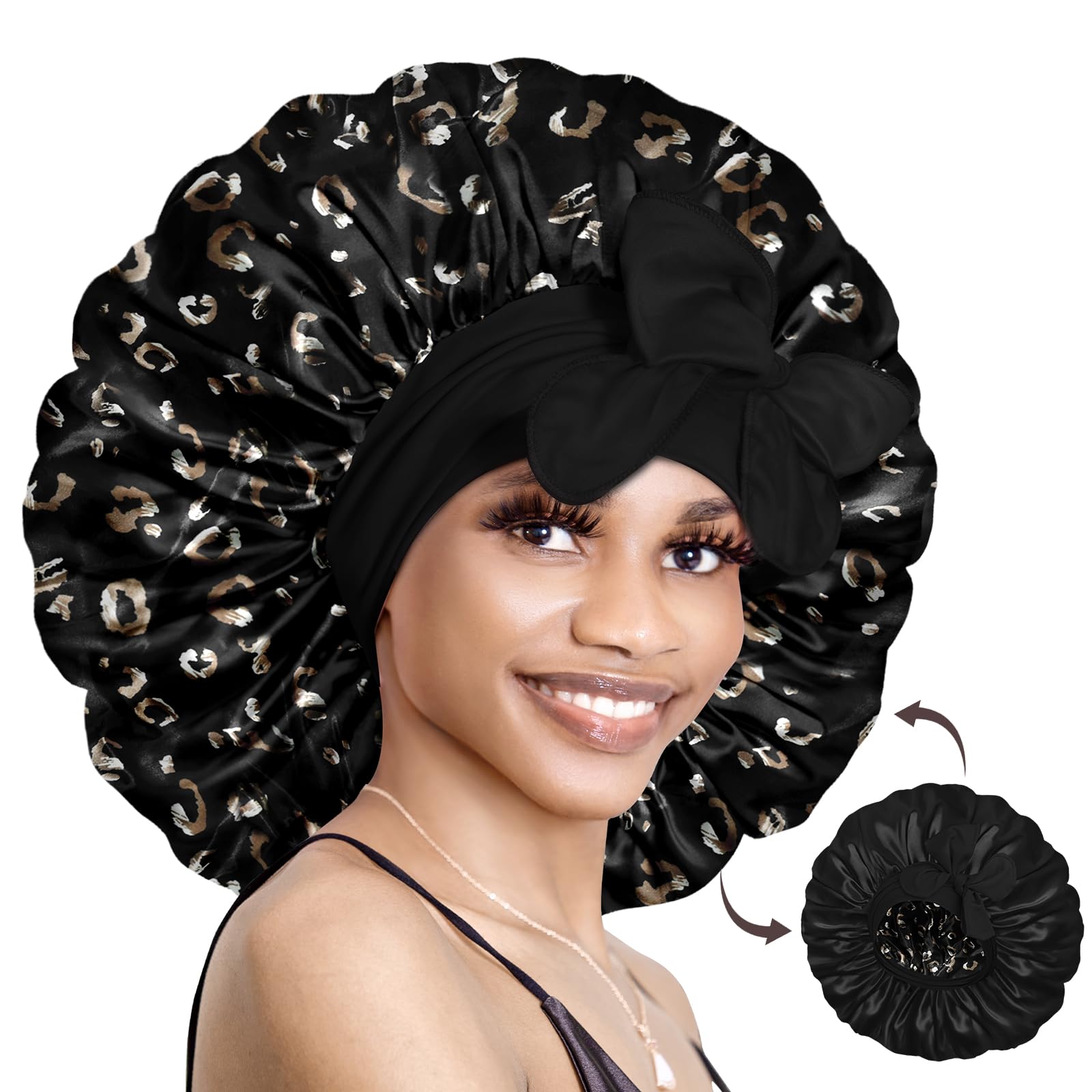BONNET QUEEN Silk Bonnet for Sleeping Women Large Satin Bonnet Hair Bonnet night sleep cap wrap cover scarf for curly hair Leopa