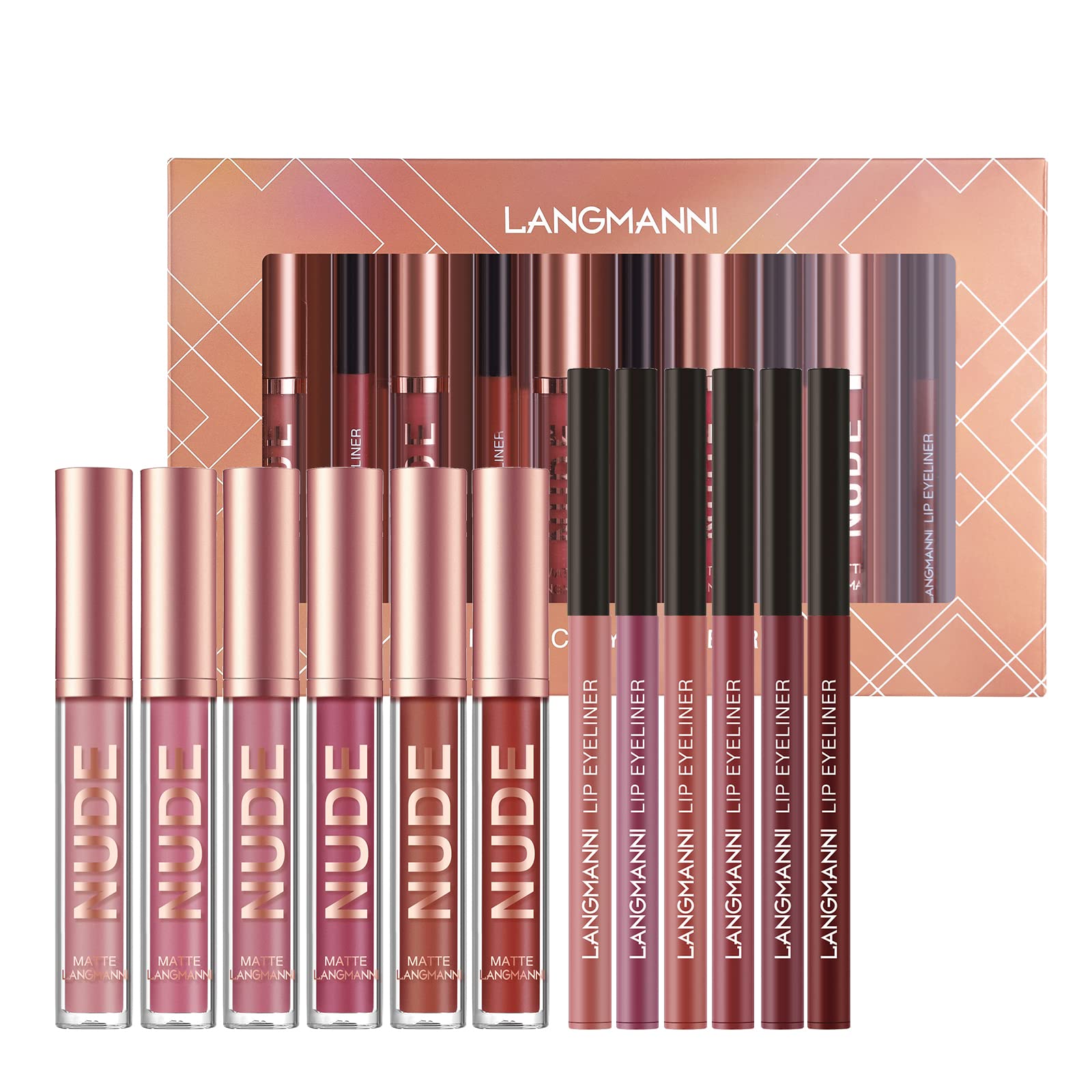 Langmanni 6 Matte Lipstick With 6 Lipliners Durable Makeup Set,Long-Lasting Non-Stick Cup Not Fade Waterproof Pigmented Velvet L