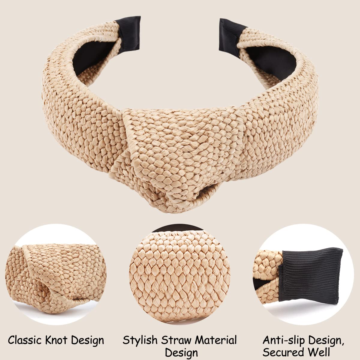 Tobatoba Straw Headband For Women, 3Pcs Top Knot Headband, Summer Beach Headbands, Raffia / Rattan Headband, Boho Woven Headband