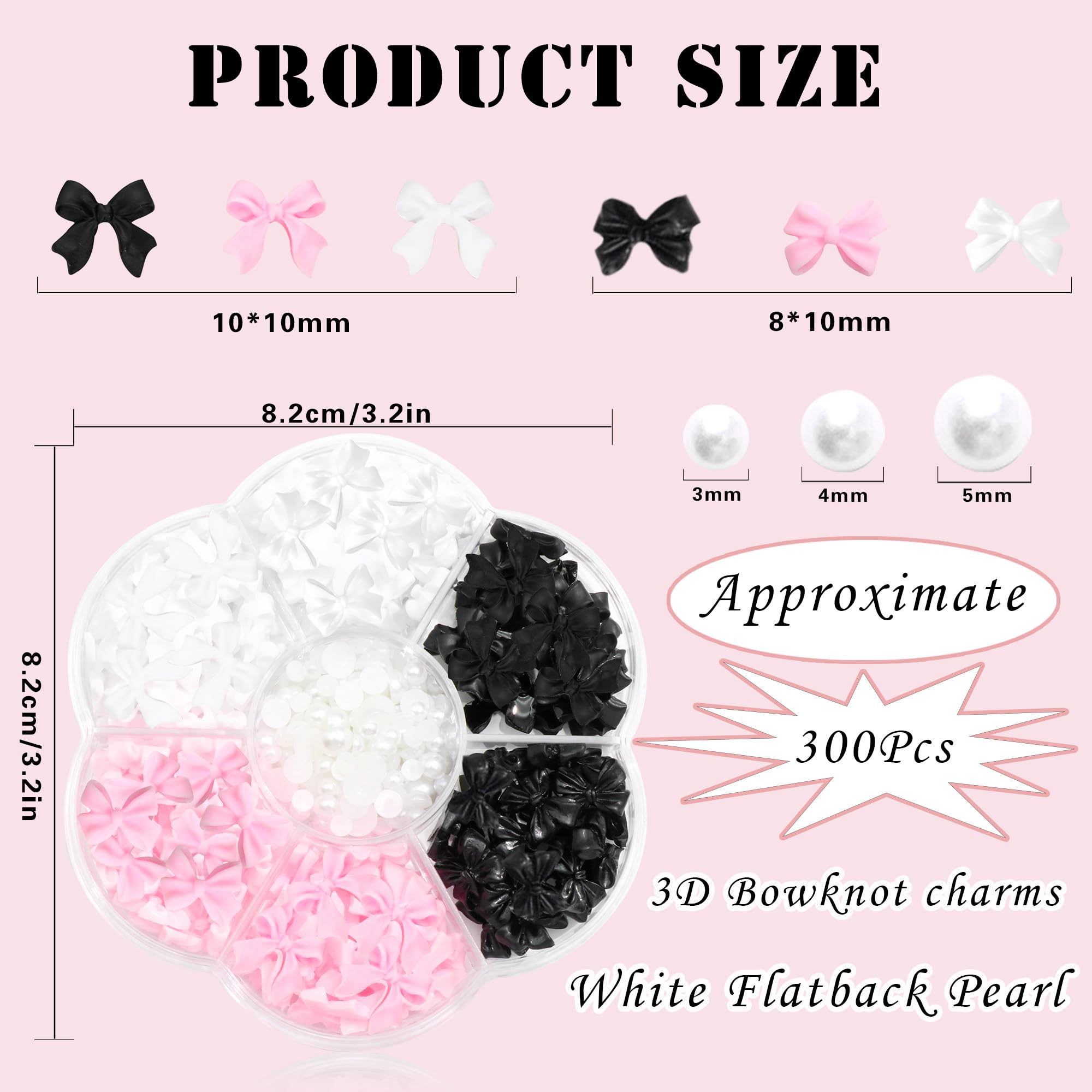 300Pcs Bow Nail Charms And Flatback Pearls,Black White Pink Bowknot 3D Cute Nail Charms For Acrylic Nail Supplies Design,White H