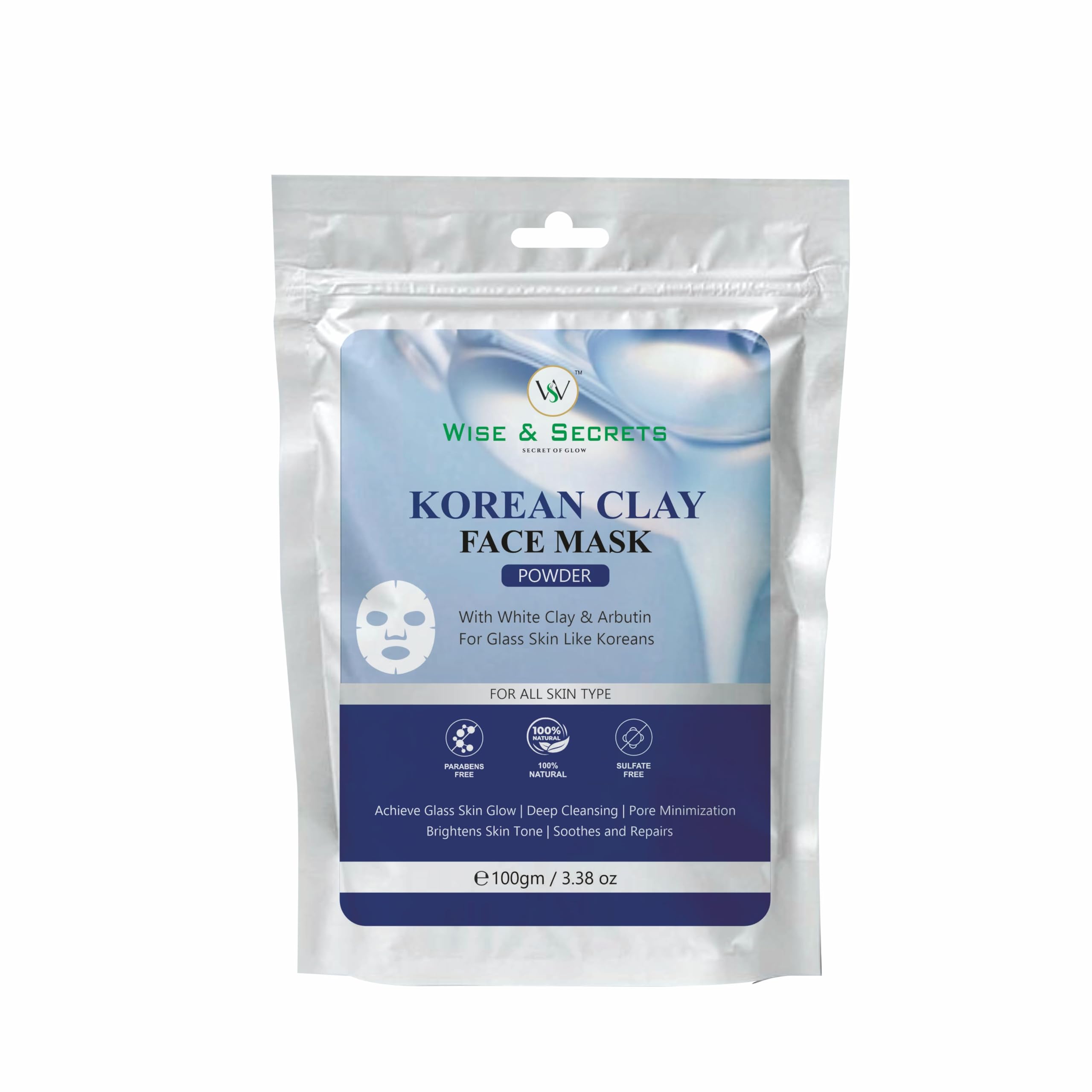 Wise & Secrets Korean Clay Mask Powder 30G Collagen Face Mask For Glass Skin Glow Deep Cleansing Oil Control, Pore Minimizing, S