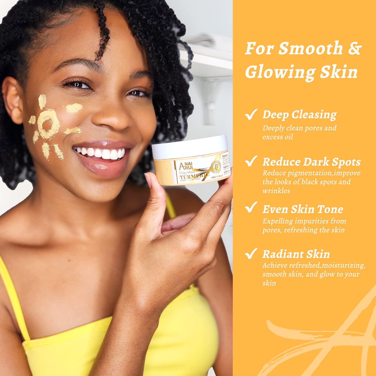 ANAI RUI Vitamin C Face Mask with Turmeric and Kaolin Clay for Dark Spots, Dull Skin, Skincare Facial Mask for Refining Pores an