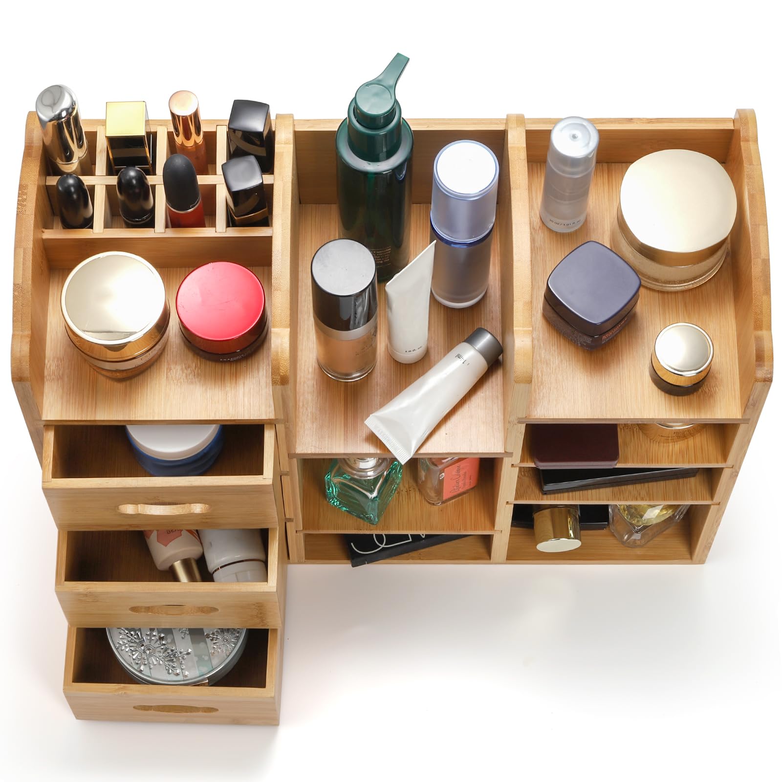 Coloch Bamboo Makeup Cosmetics Organizer with Drawers, Multifunctional Dresser Top Makeup Storage Tabletop Organizer Shelf for D