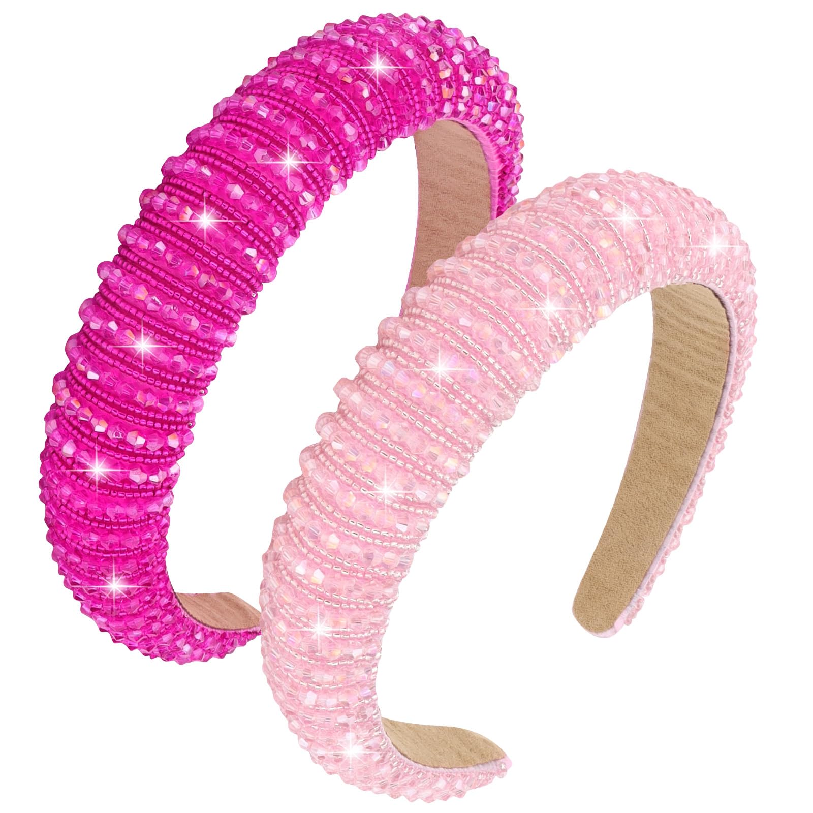 Wecoe 2pcs Pink Rose Red Rhinestone Headbands Women Girls Crystal Beaded Headband Fashion Cute Bling Sparkly Diamond Padded Thic