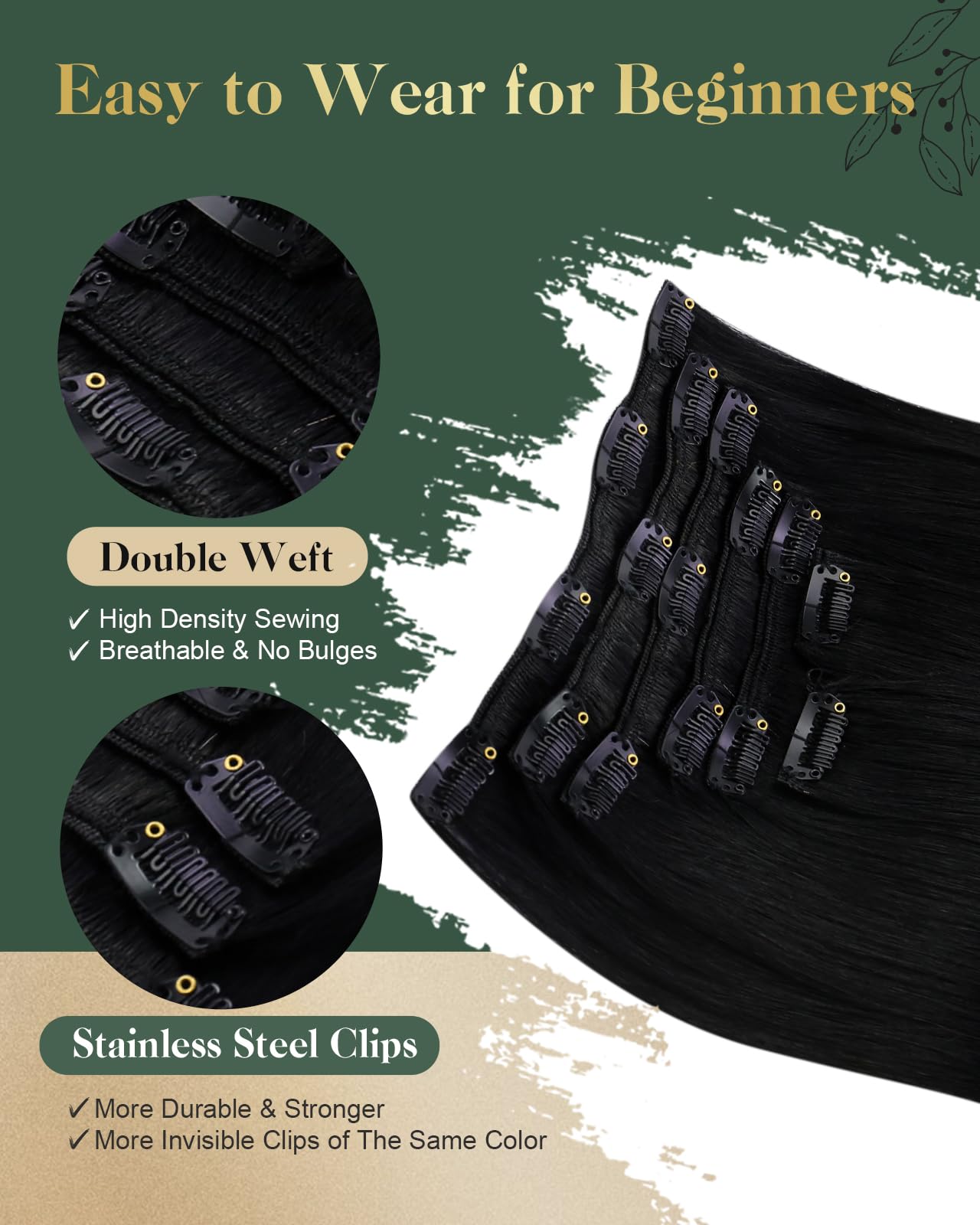 Ugeat 14 Inch Clip In Hair Extensions Real Human Hair #1 Jet Black Double Weft With Lace Human Hair Extensions Clip Ins 8 Pieces