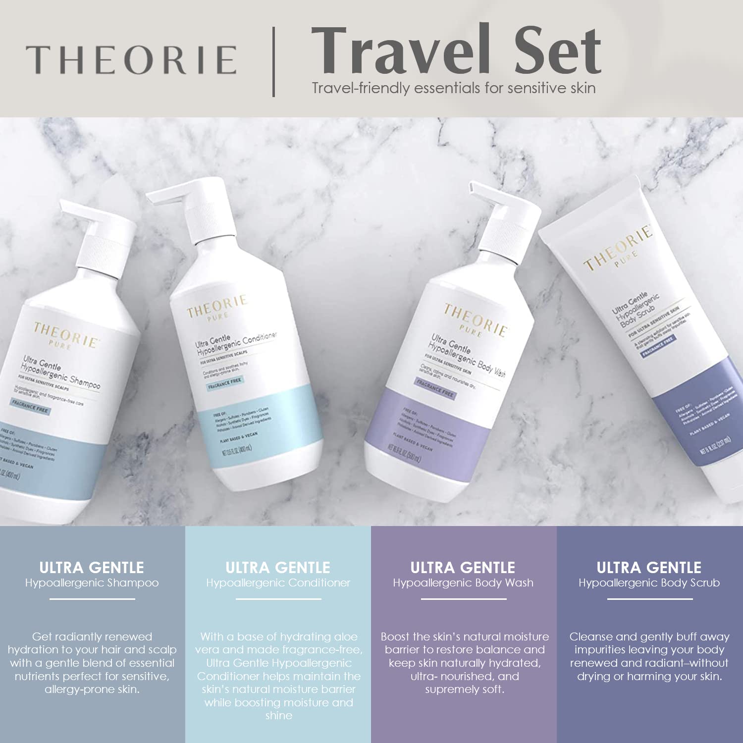 THEORIE PURE Collection Travel Set- Hypoallergenic-Shampoo, Conditioner, Body Wash & Face and Body Scrub- Fragrance-Free. No Sul