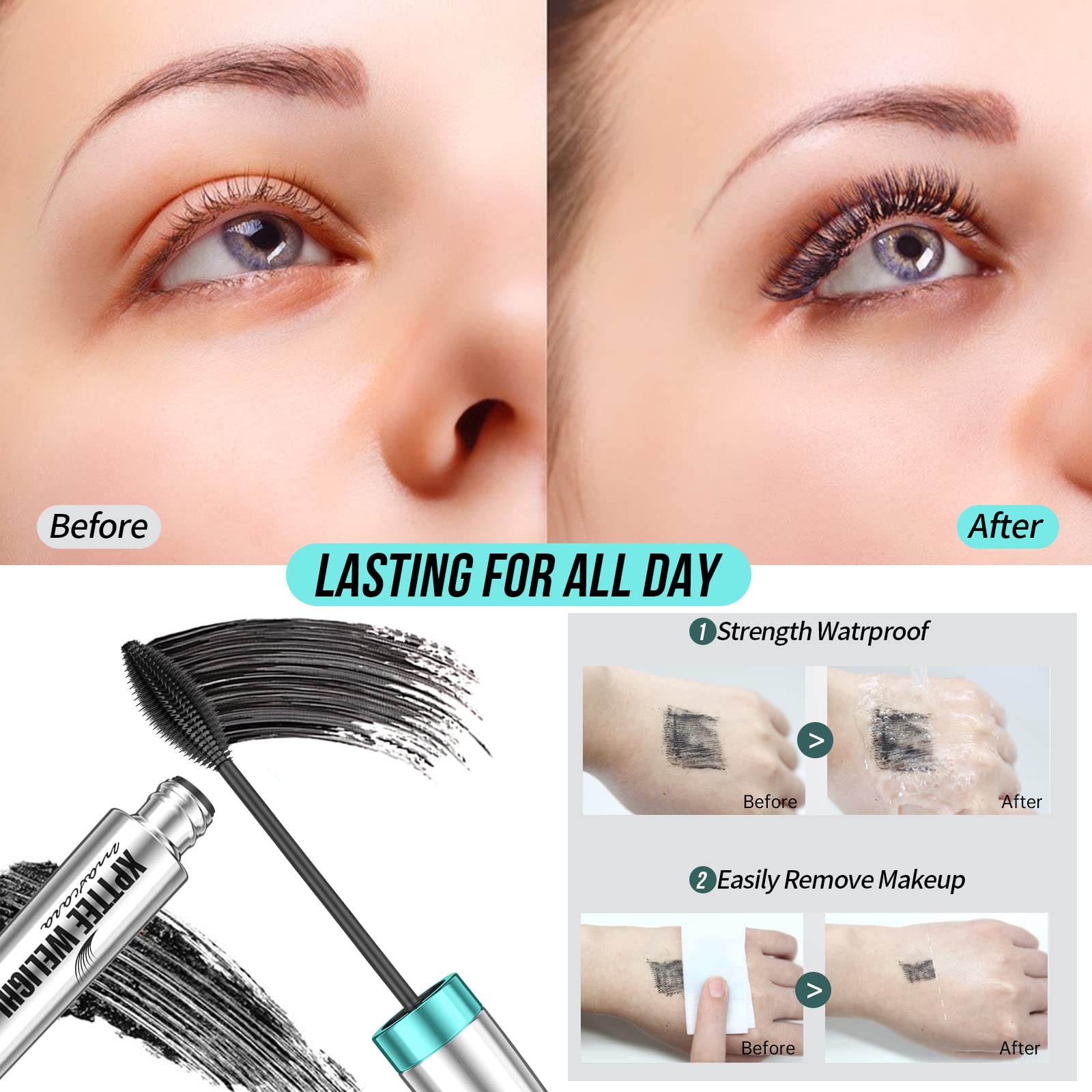 Fiber Mascara, Mascara Black,4D Silk Fiber Mascara, Natural Waterproof Smudge-Proof Mascara Black Mascara Thickening Lengthening