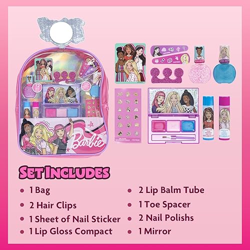 Barbie - Townley Girl Makeup Filled Backpack Set With 12 Pieces, Including Lip Balm, Nail Polish, Nail File, Hair Bows, And Othe