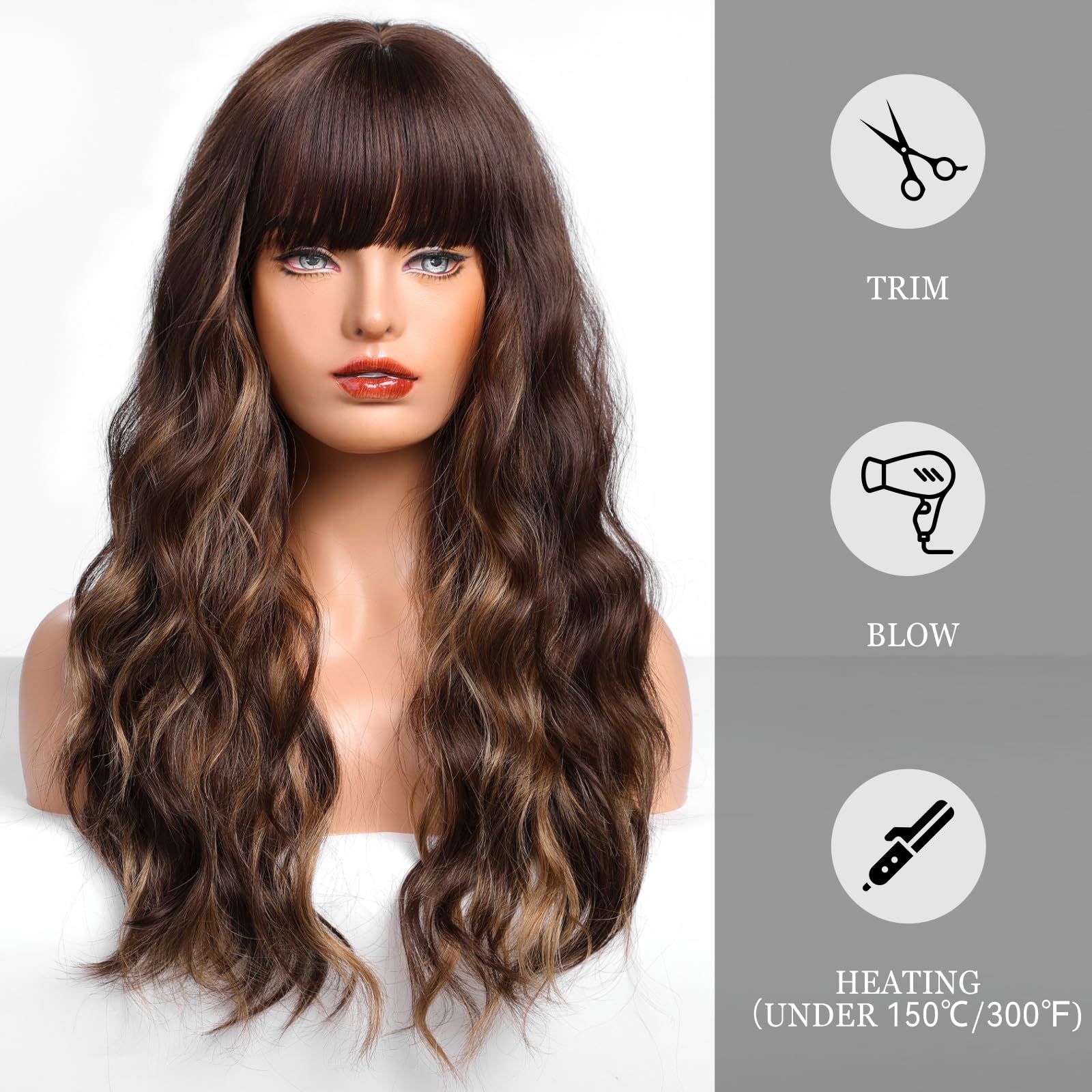 Haircube Brown With Blonde Highlight Wig Long Curly Wig With Bangsnatural Appearance Heat-Resistant Synthetic Wig Suitable For F