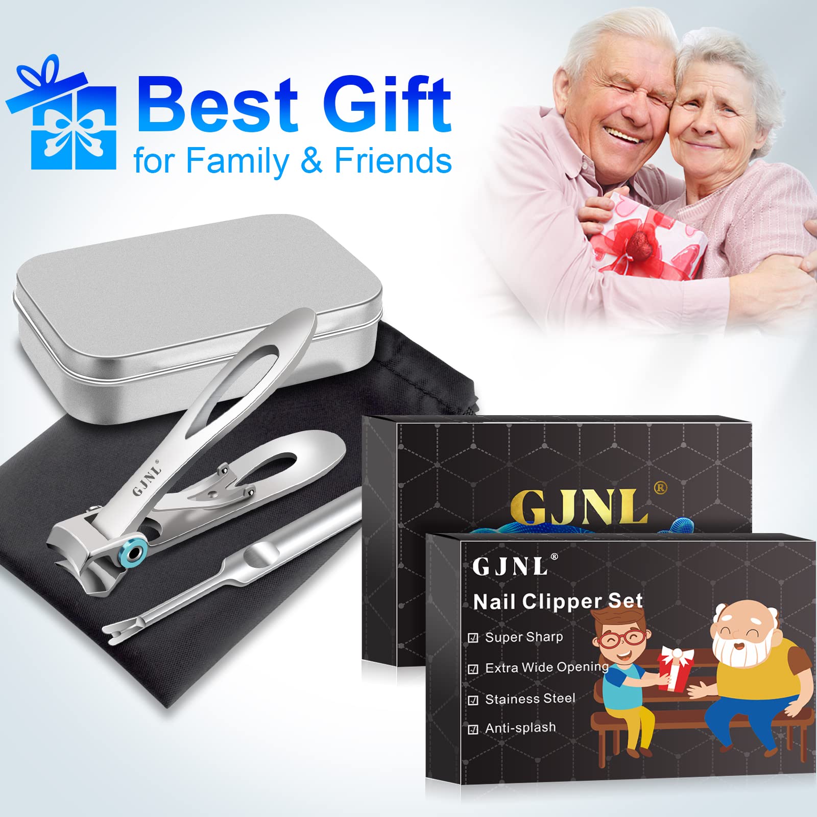 GJNL Heavy Duty Nail Clippers for Men - 16mm Wide Jaw, Large Size, Ultra Sharp Toenail & Finger Nail Cutter, Silver Wide Jaw Head