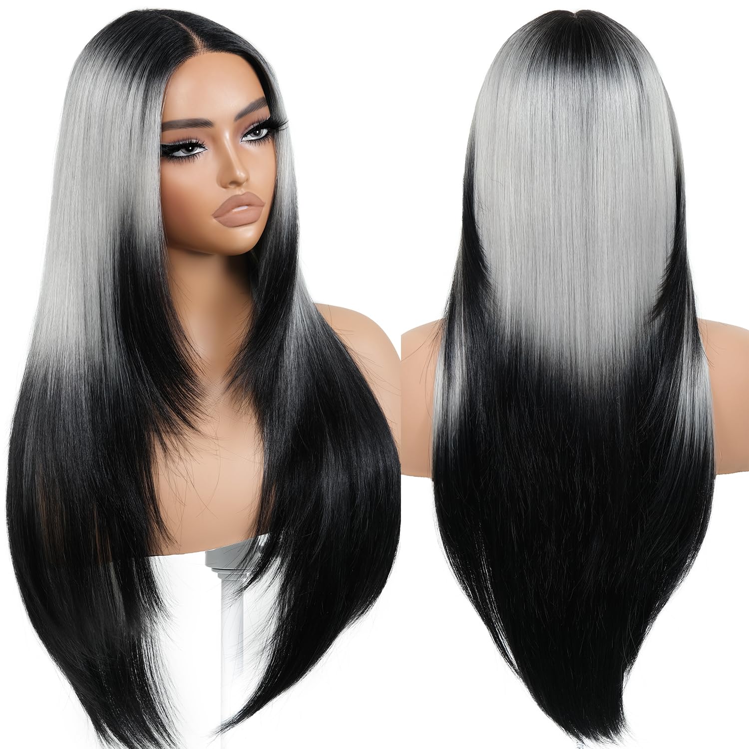 BrownBomb Ombre Sliver Grey Wear and Go Glueless Wigs Pre Plucked Pre Cut for Beginners Synthetic Lace Front Wigs With Bangs Lon