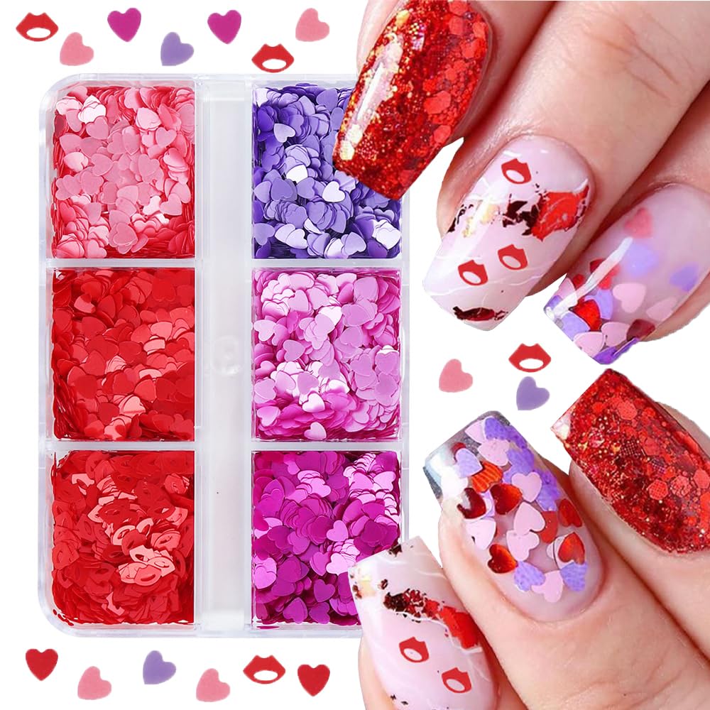 6 Grids Valentine's Day Nail Art Glitter Sequins Kits - 3D Heart Lips Nail Glitters Valentine Nail Stickers Decal for Shining Fl