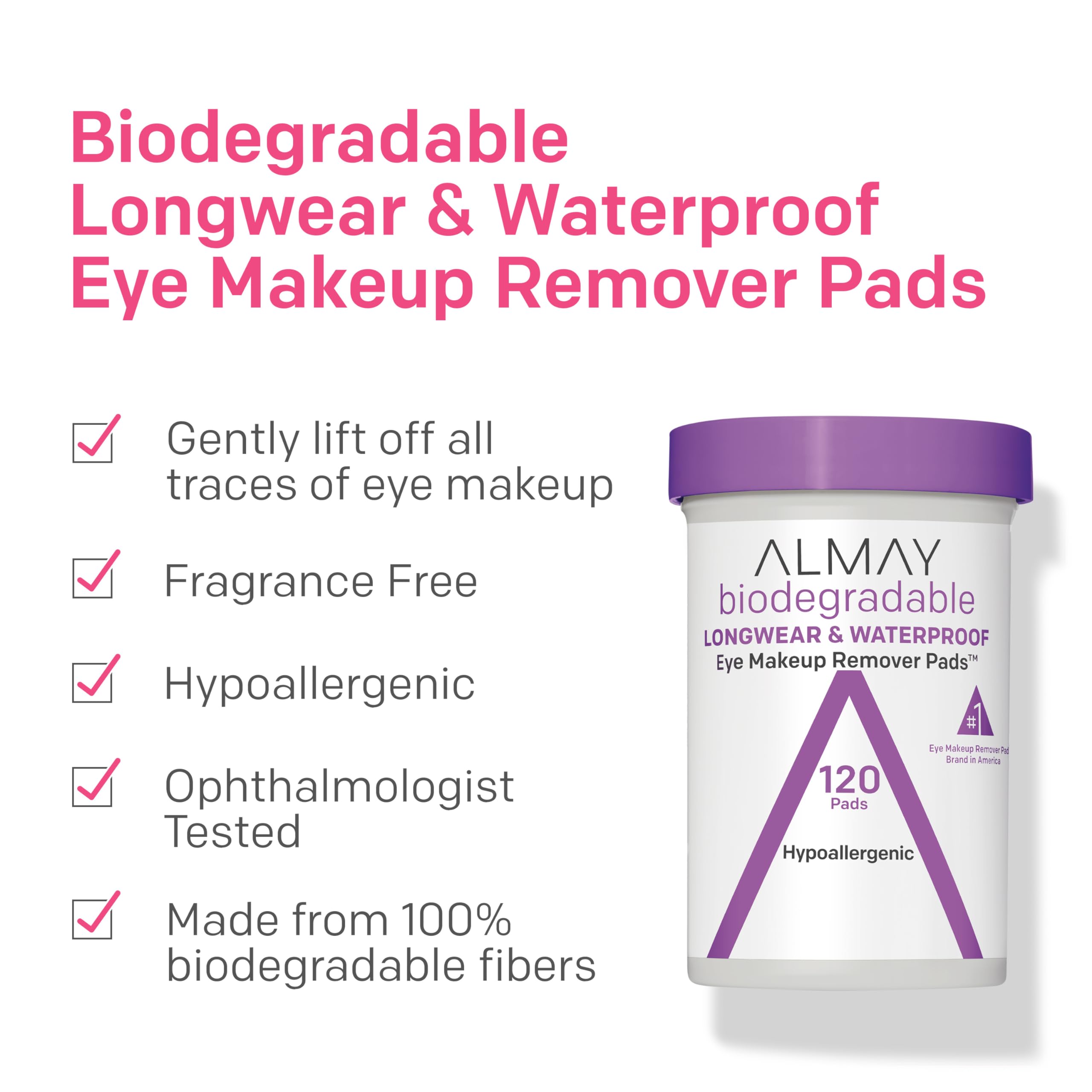 Almay Biodegradable Makeup Remover Pads, Longwear & Waterproof, Hypoallergenic, Fragrance-Free, Dermatologist & Ophthalmologist