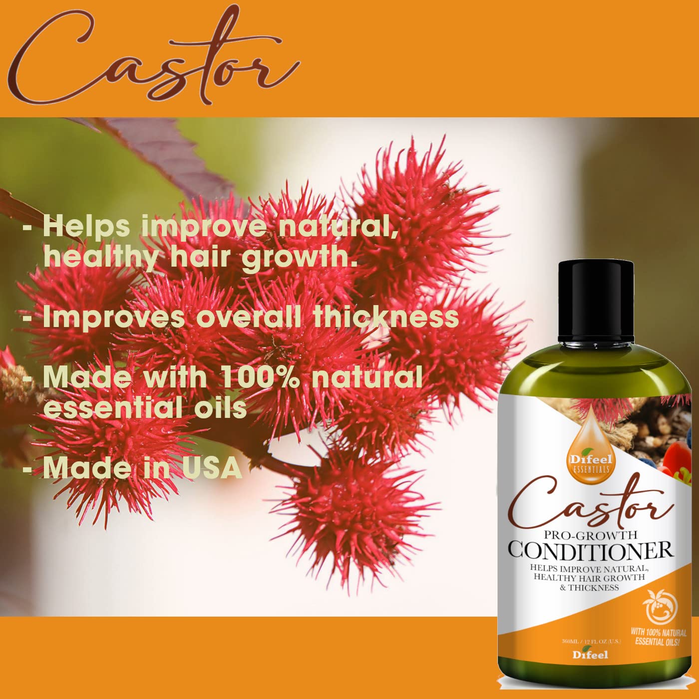 Difeel Essentials Pro-Growth Castor Conditioner 12 oz. - Conditioner with Castor Oil, Made with 100% Natural Essential Oil