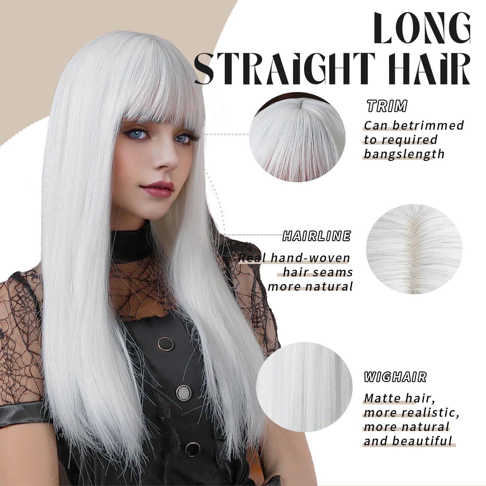 Sukri White Wig With Bangs Long Straight White Wigs For Women Synthetic Heat Resistant Wig Natural Looking Hair Wig For Hallowee