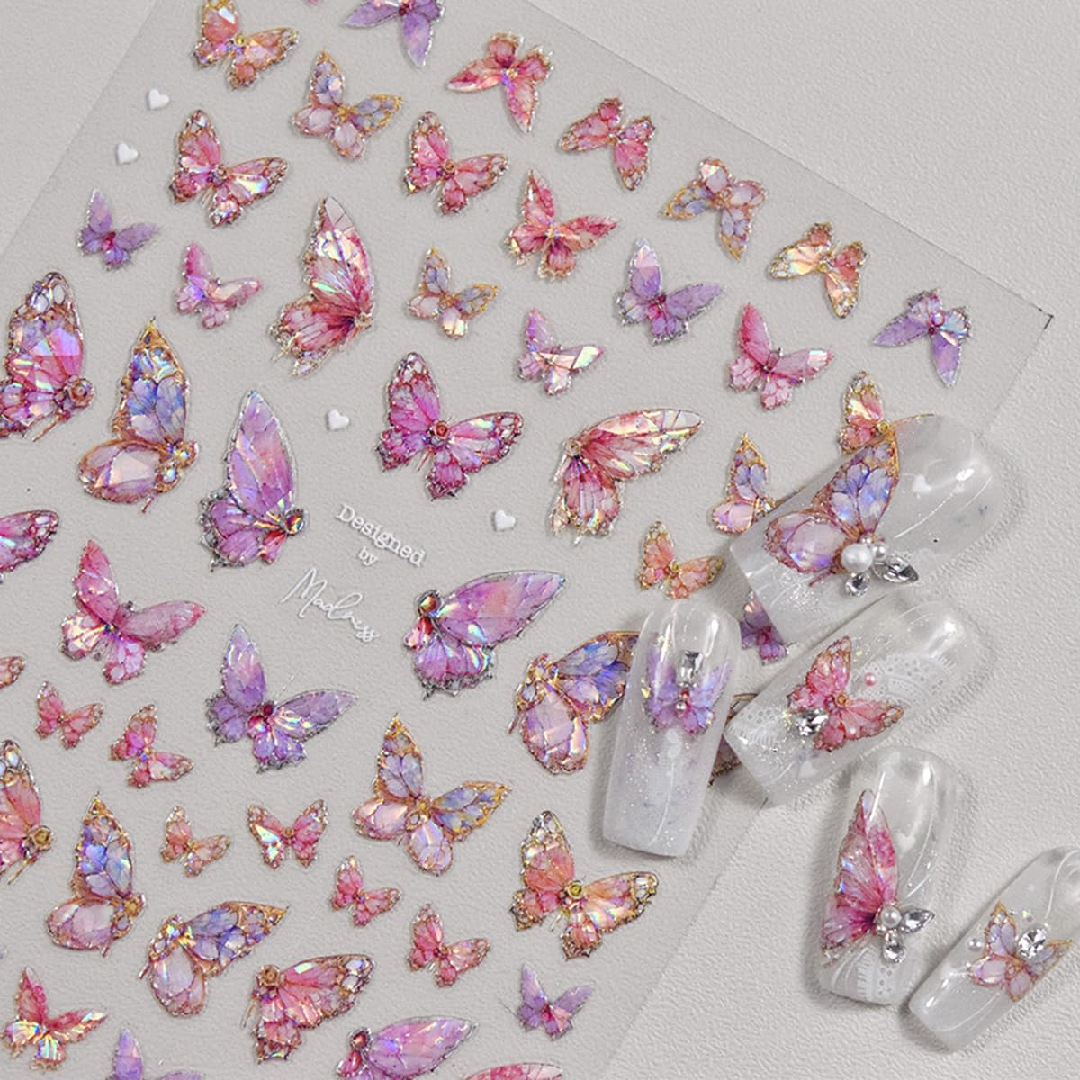 Butterfly Nail Art Stickers Decals Pink Butterfly 5D Embossed Nail Decals Shell Light Butterfly Nail Designs Adhesive Sticker Ma