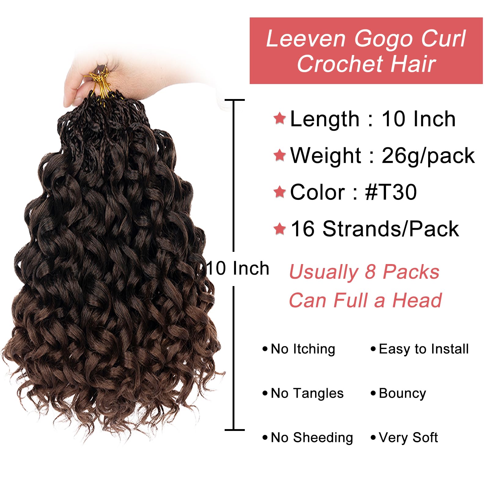 Leeven 10 Inch 8 Packs Gogo Curl Crochet Hair Ombre Brown Pre Looped Ocean Wave Crochet Hair Short Deep Twist Curly Bohemian Cro