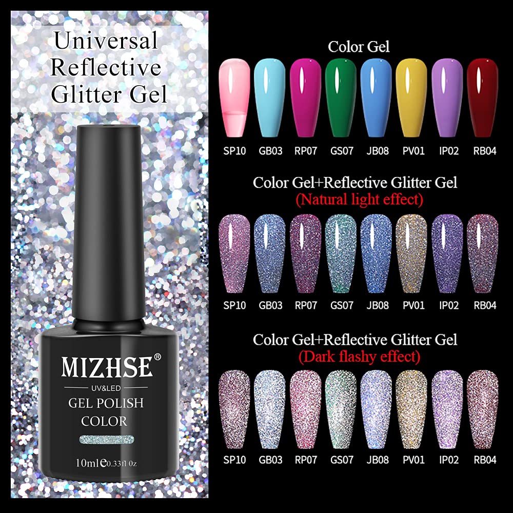 MIZHSE Reflective Glitter Gel Polish Set, Holographic Gel Nail Polish,Disco Sparkly Shiny Gel Nail Art Varnish Manicure Kit, Soa