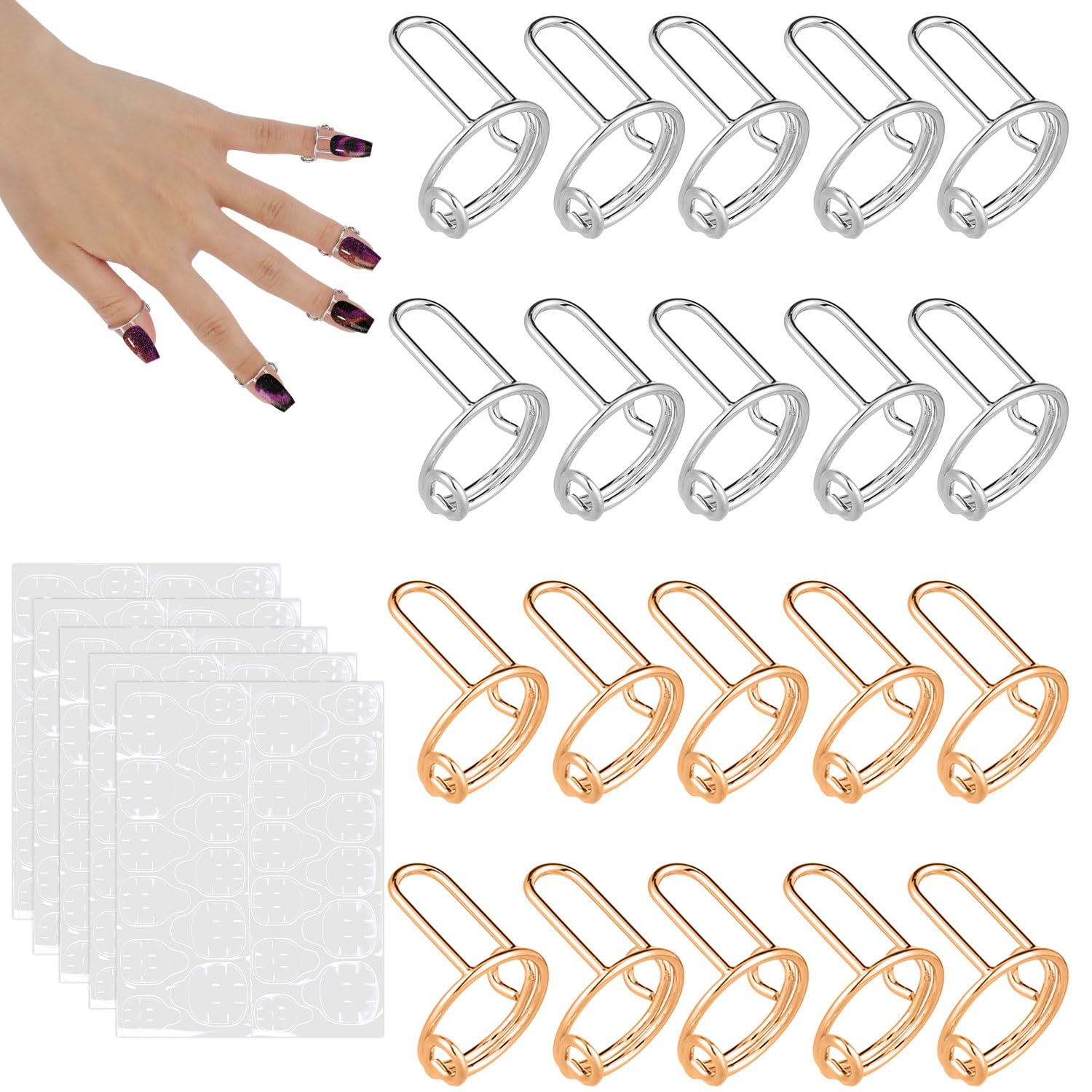 20pcs Wudu Nail Rings, Adjustable Metal Finger Nail Rings for Women with 120pcs Adhesive Tabs Reusable Detachable Fingernail Jew