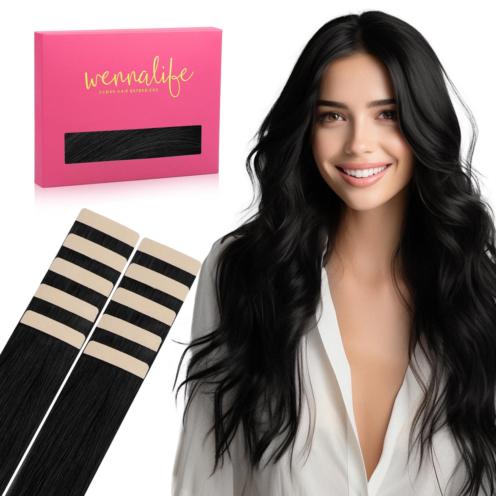 Wennalife Tape In Hair Extensions Human Hair Jet Black Tape In Extensions, 10Pcs 30G 22 Inch Remy Invisible Tape Ins Straight Co