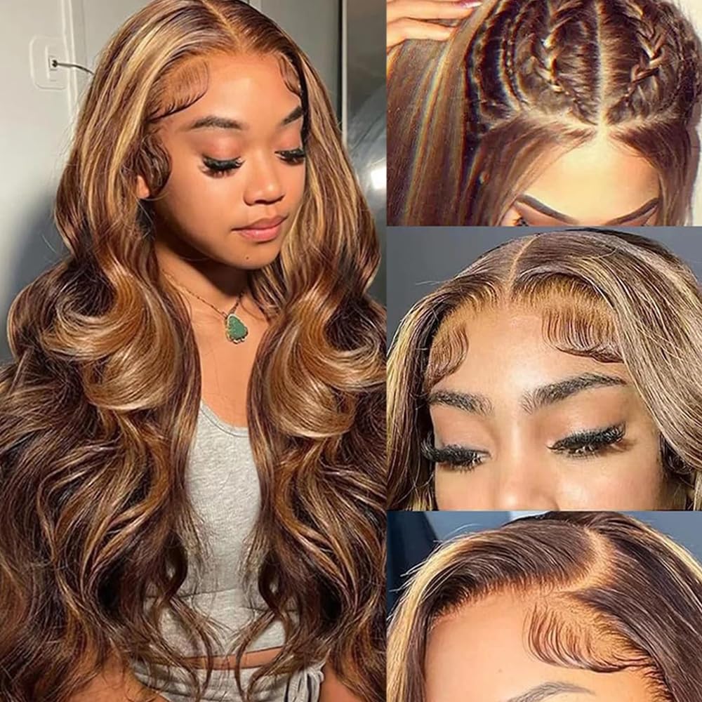 30 Inch Body Wave Highlight Lace Front Wigs Human Hair Pre Plucked 13X4 4/27 Ombre Lace Front Wig Human Hair Wear and Go Glueles
