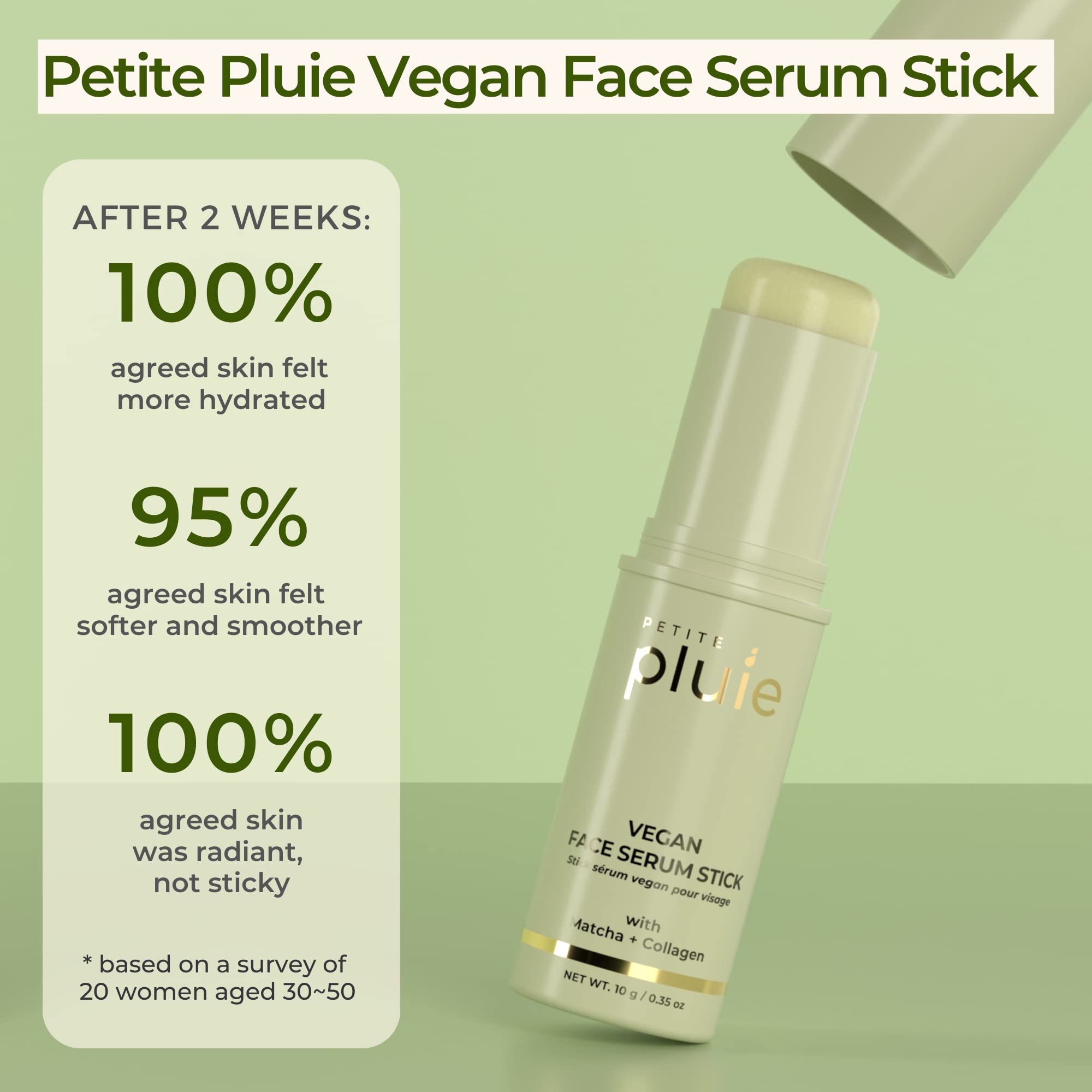 Petite Pluie Vegan Face Serum Stick (0.35 Oz) With Green Tea, Collagen, And Niacinamide For Anti-Aging & Moisturizing Balm Stick