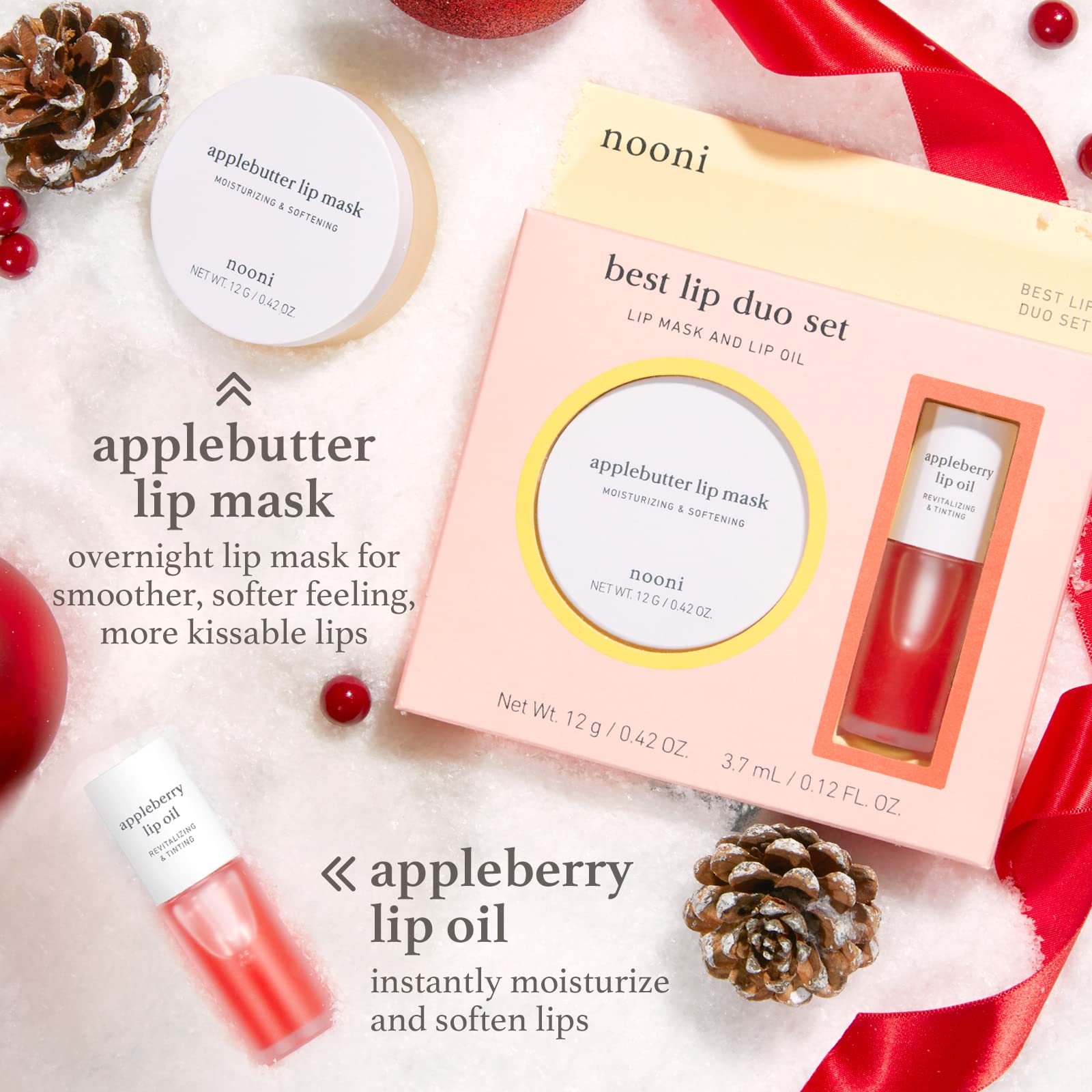 NOONI Korean Vegan Best Lip Duo | Applebutter Lip Mask and Appleberry Lip Oil Value Set | with Shea Butter, Apple Seed Oil and V