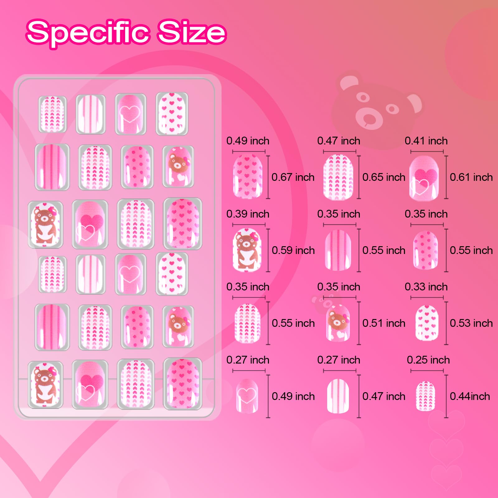 Allstarry 72Pcs 3 Pack Children Nails Press On Pre-Glue Full Cover Bear Sunflower Doughnut Short False Nail Kits Lovely Gift For