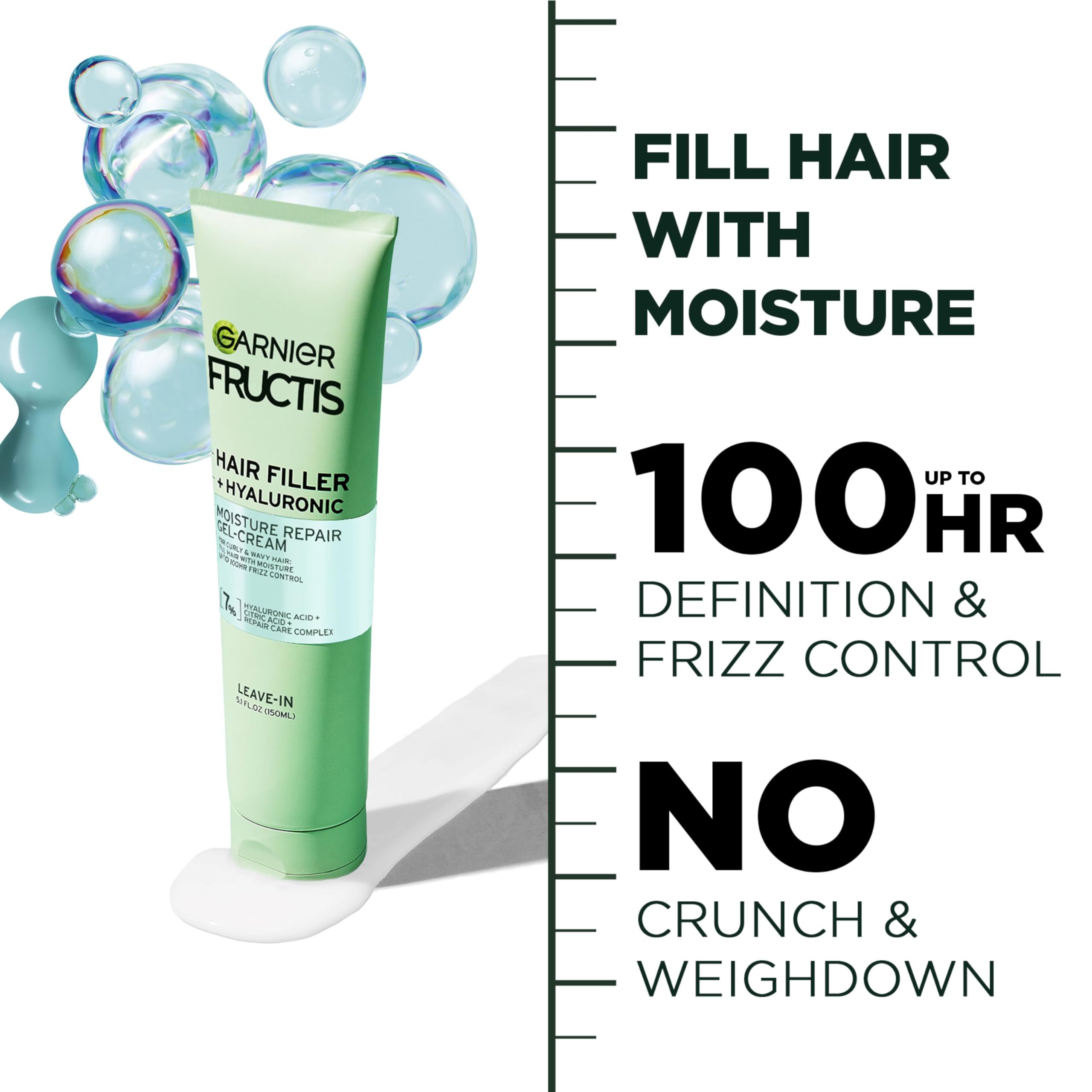 Garnier Fructis Hair Filler Moisture Repair Gel-Cream, Hair Gel for Curly, Wavy Hair with Hyaluronic Acid, 5.1 Fl Oz, 1 Count