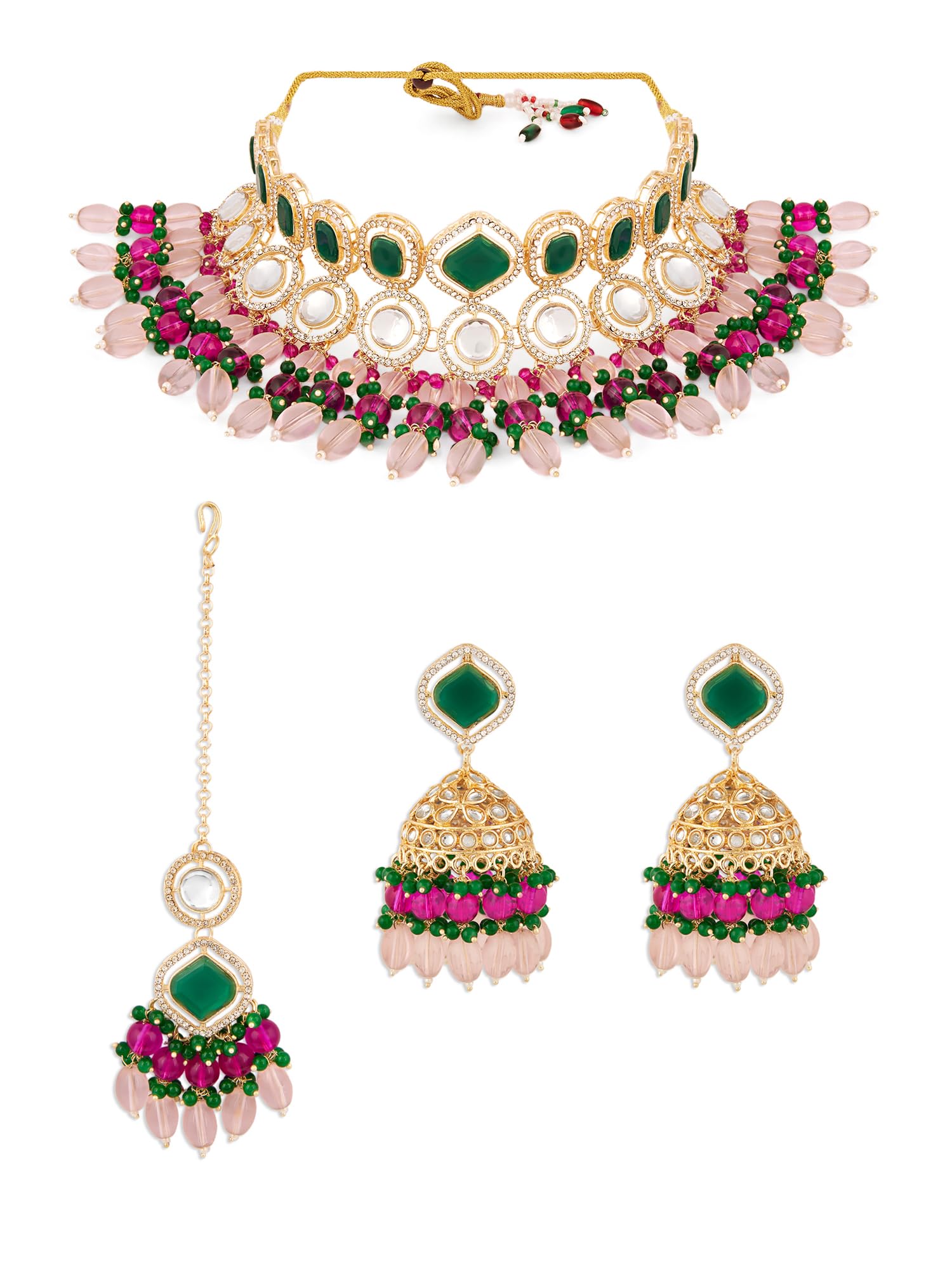 Zaveri Pearls Pink Green Stones Beads Austrian Diamonds Choker Necklace Earring & Maangtikka Set For WomenZpfk18237