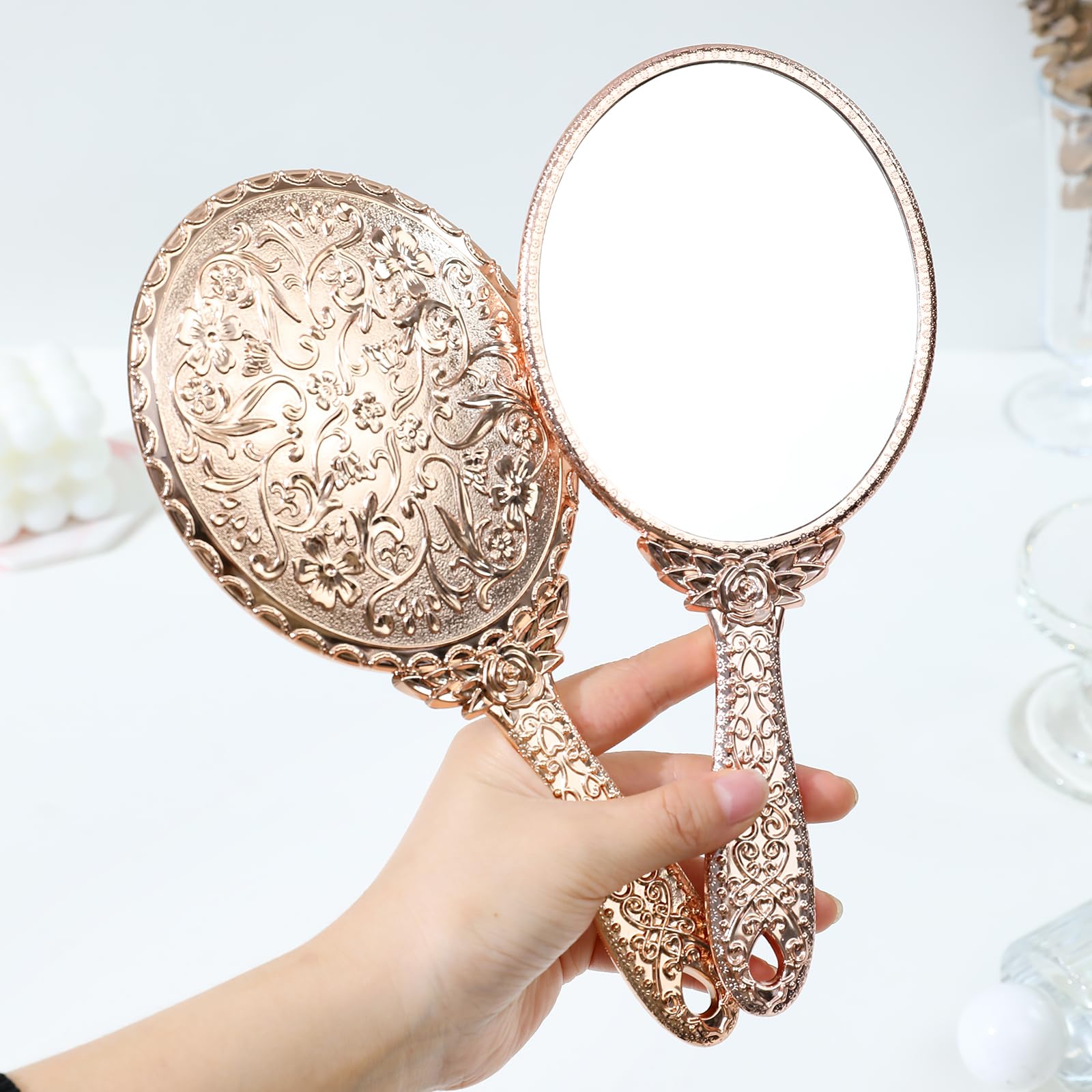 XPXKJ Hand Mirror Vintage Handheld Mirror with Handle Vanity Makeup Mirror Travel Mirrors (Rose Gold, Carved)