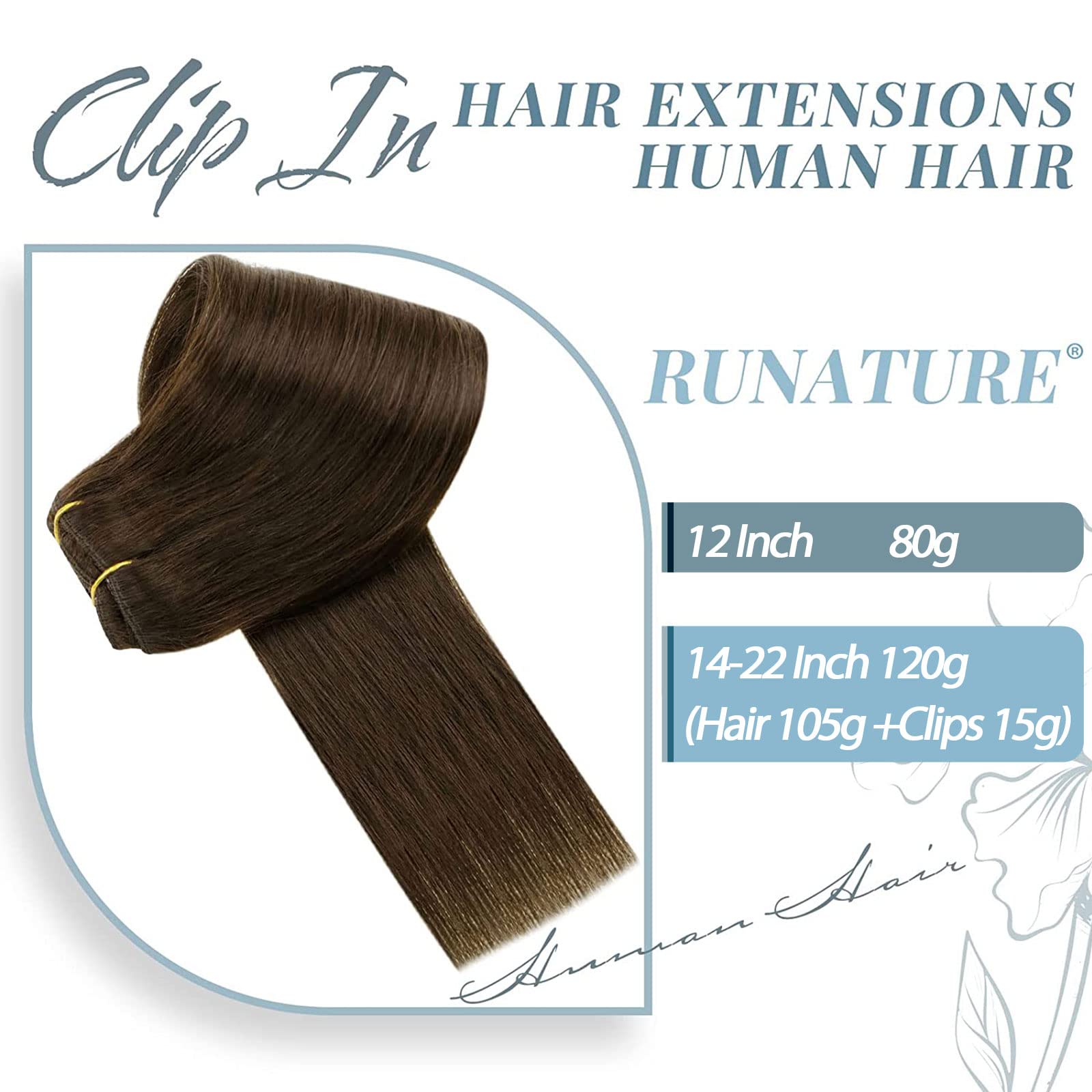 Runature 22 Inch Clip In Hair Extensions Human Hair Chocolate Brown Hair Extensions Clip In Human Hair Extensions For Long Hair