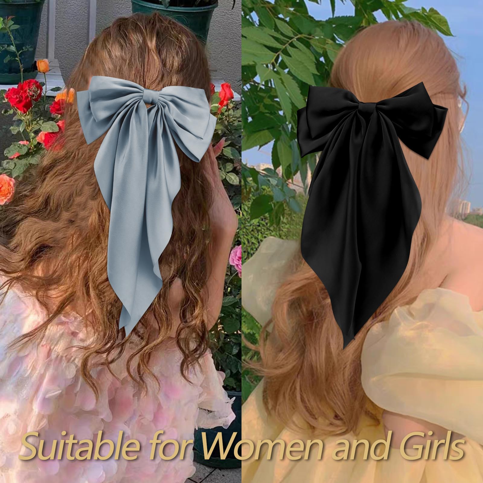 Velscrun 3Pcs Hair Accessories For Women - Black, White, And Navy Blue Oversized Satin Bows With Long Tails And Clips For Girls