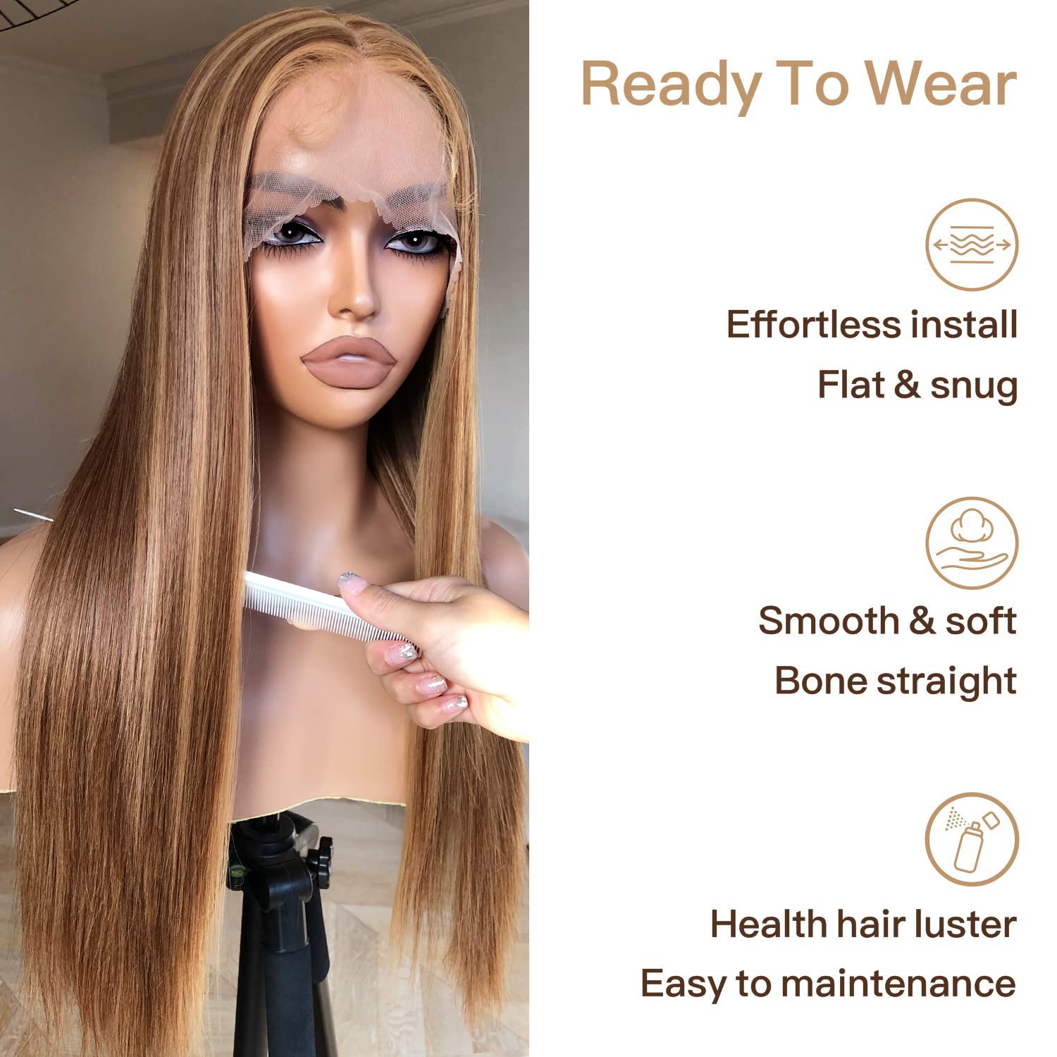 Brownbomb Honey Blonde Lace Front Wig - Pre Plucked, Ready To Wear, Hd Glueless 13X5X1 - Highlight Synthetic Straight Wig For Wo