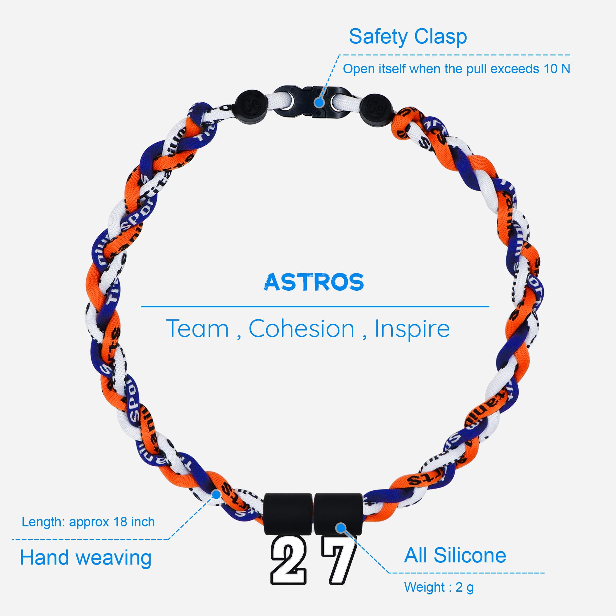SUPBOMM Baseball Rope Necklaces, League Team Colors Braided Necklace with Number Pendant, Baseball Team Gifts, Astros, No. 27