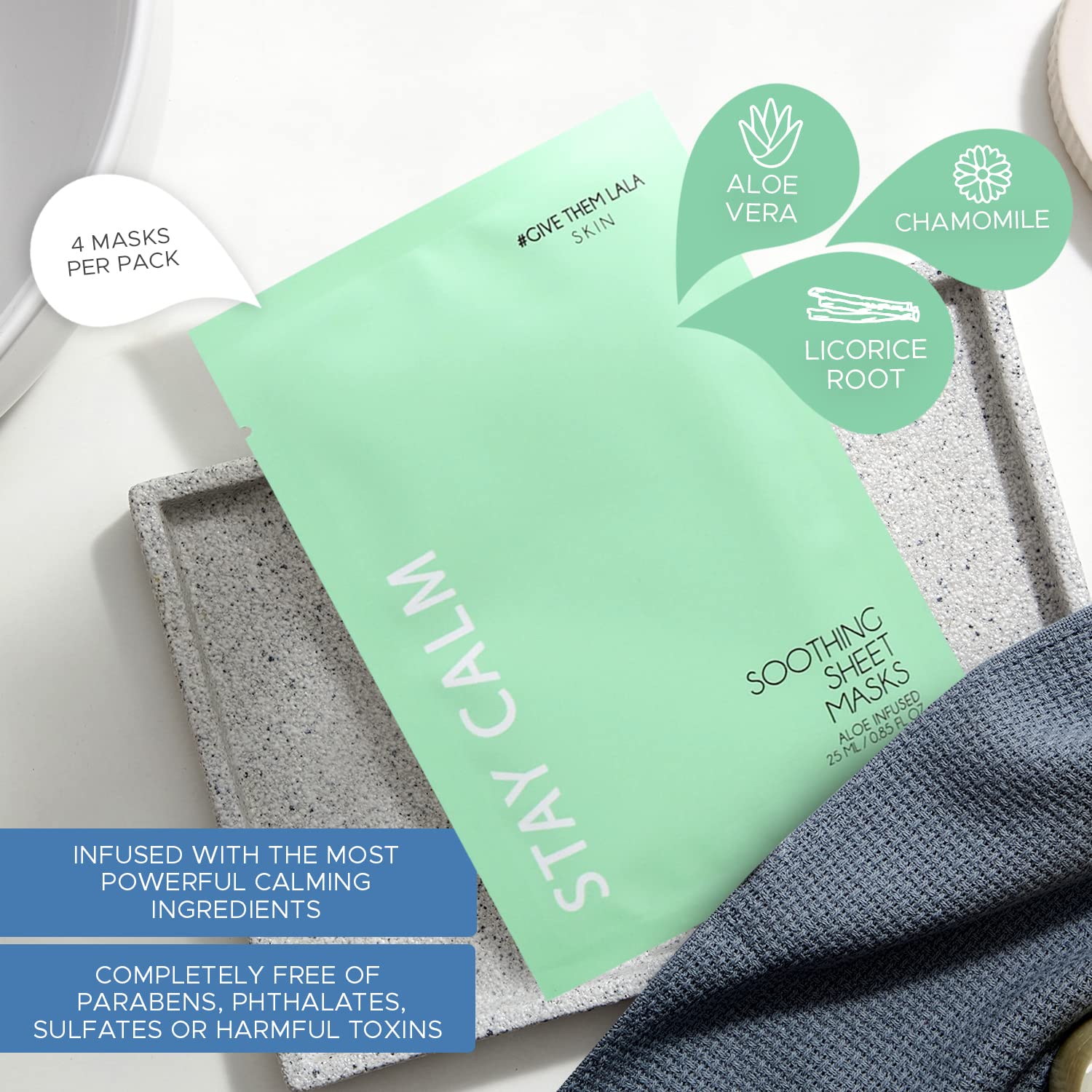 Give Them Lala Stay Calm Soothing Sheet Mask [Set Of 4] Calming Face Sheet Masks With Aloe Vera & Chamomile- Moisturizing Facial